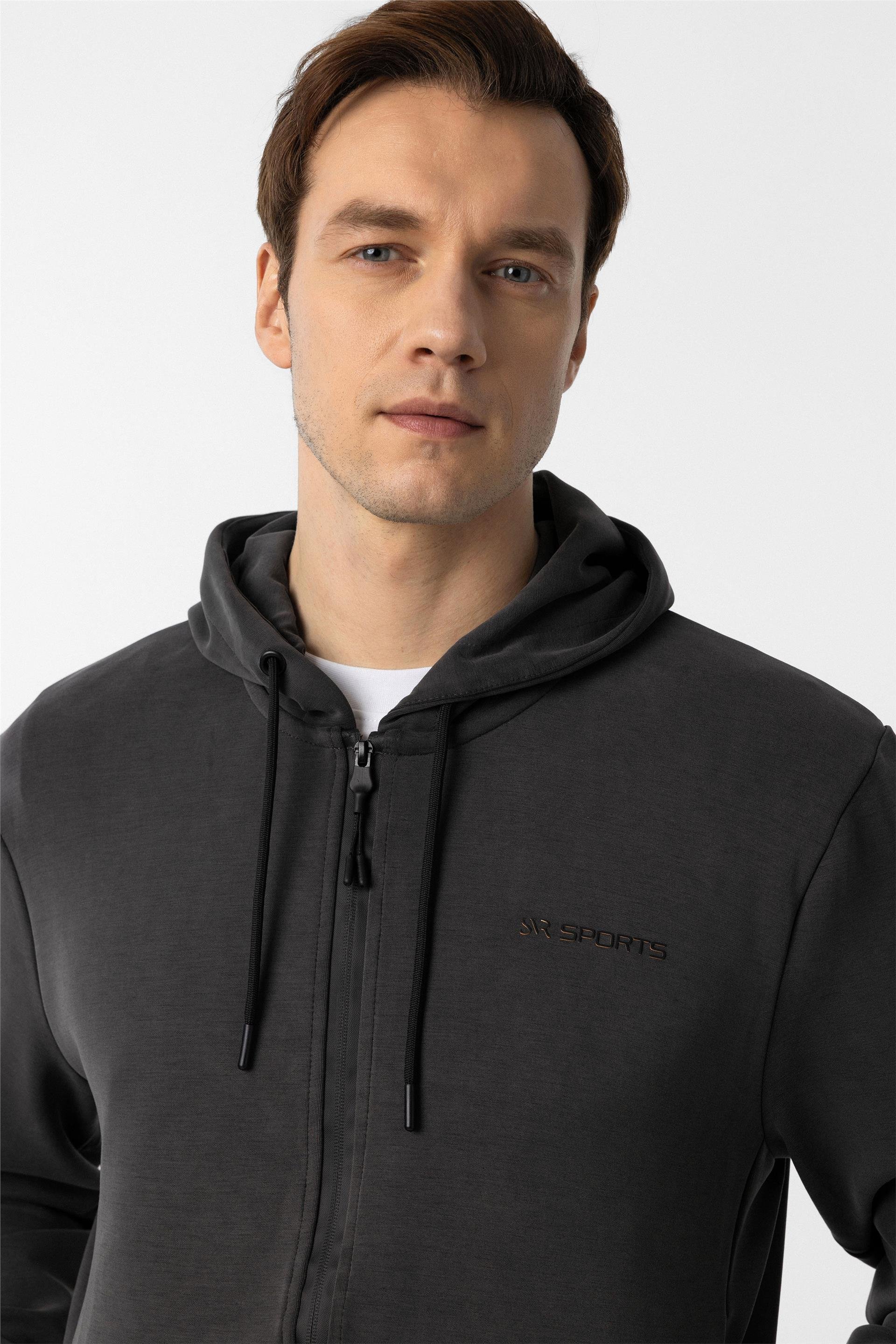 Antrasit Slim Düz Kapişonlu Yaka Sweatshirt