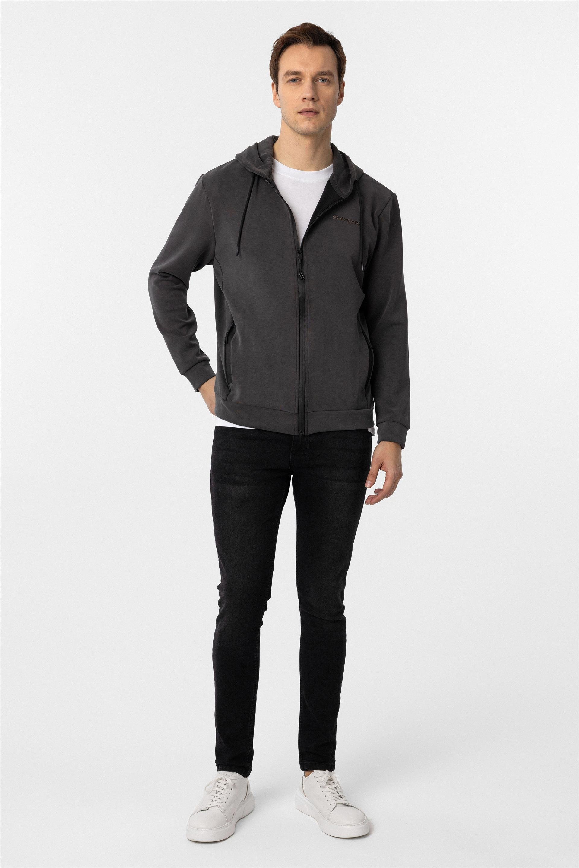 Antrasit Slim Düz Kapişonlu Yaka Sweatshirt