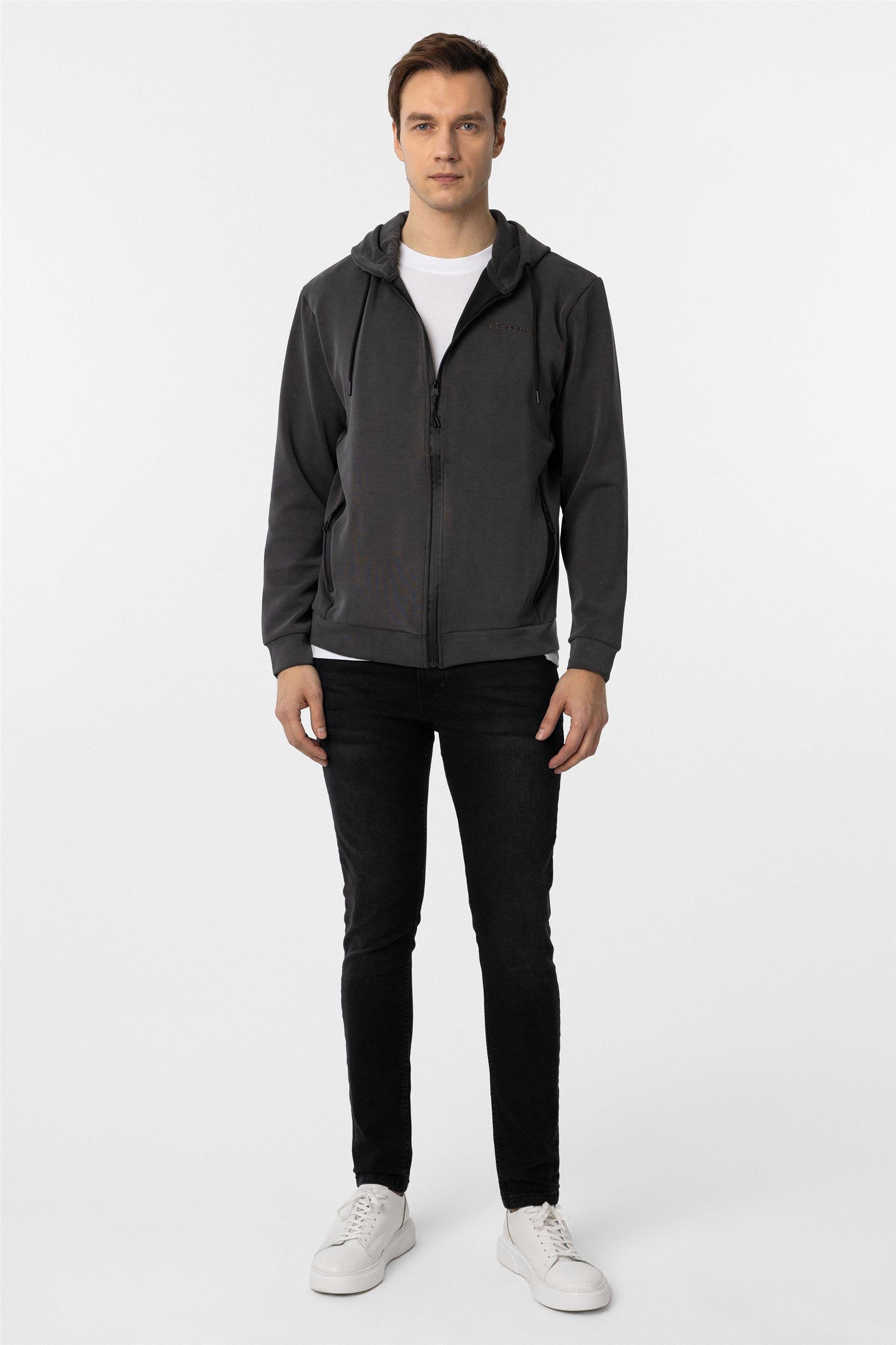 Antrasit Slim Düz Kapişonlu Yaka Sweatshirt