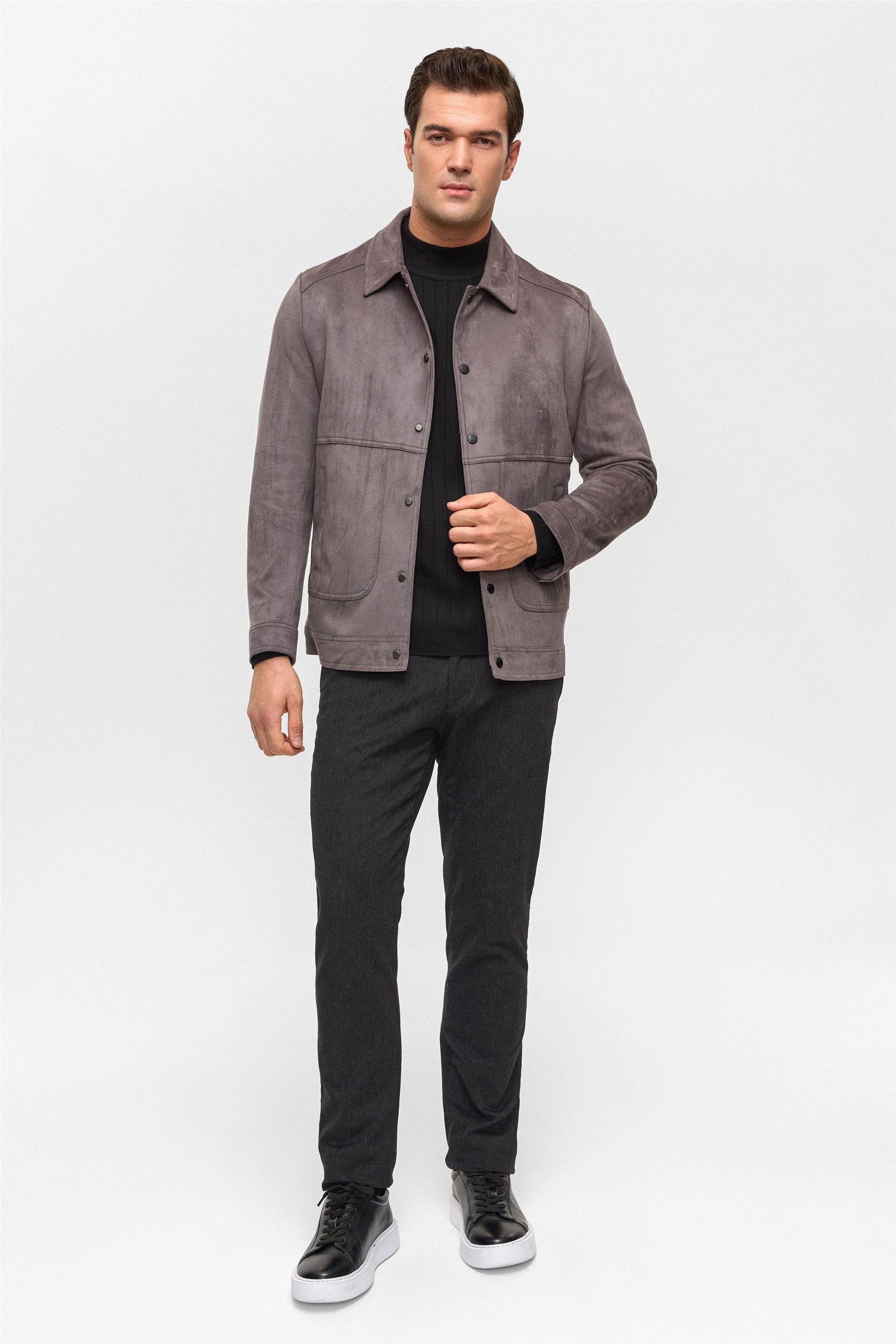 Antrasit Slim Düz Klasik Yaka Mont