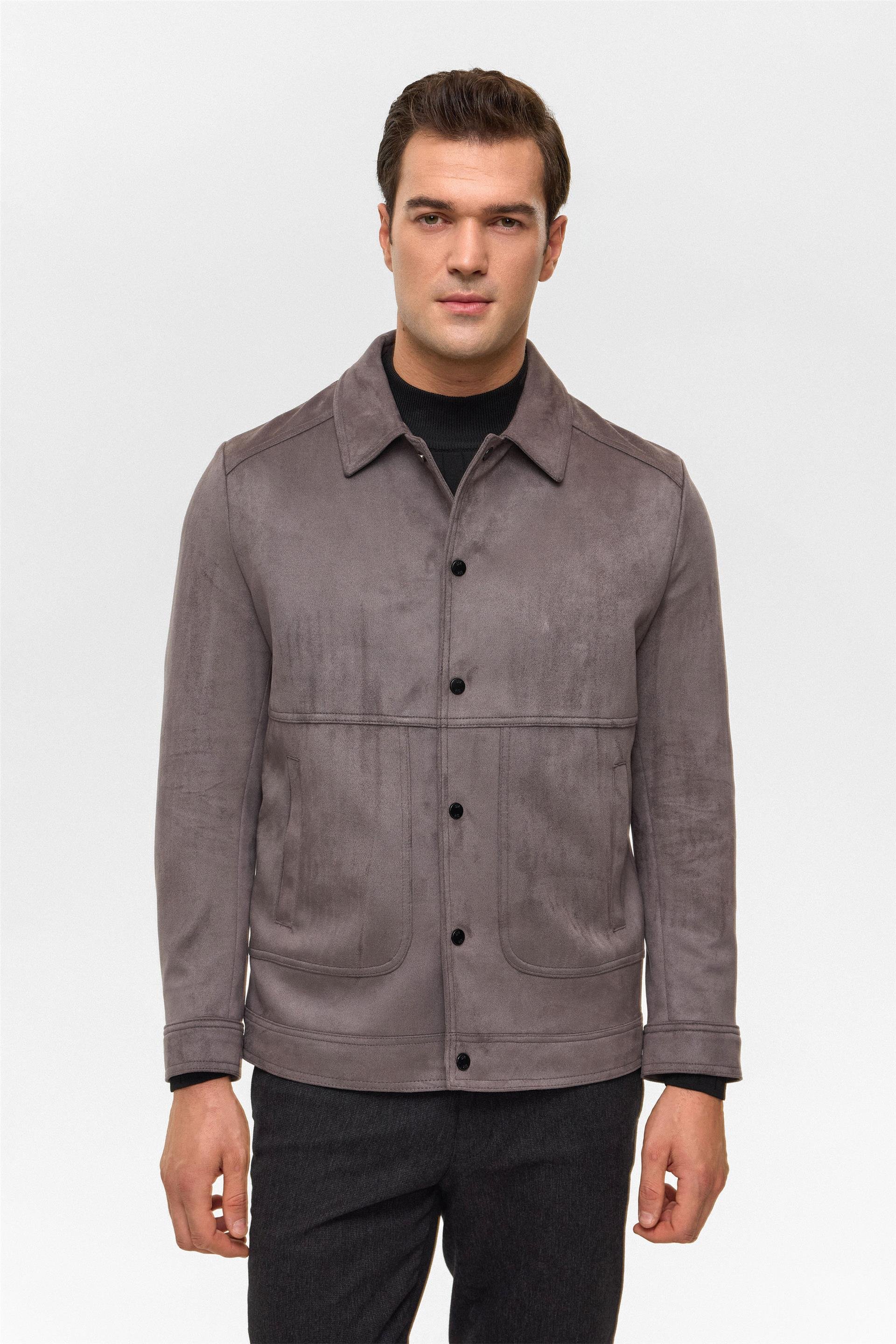 Antrasit Slim Düz Klasik Yaka Mont