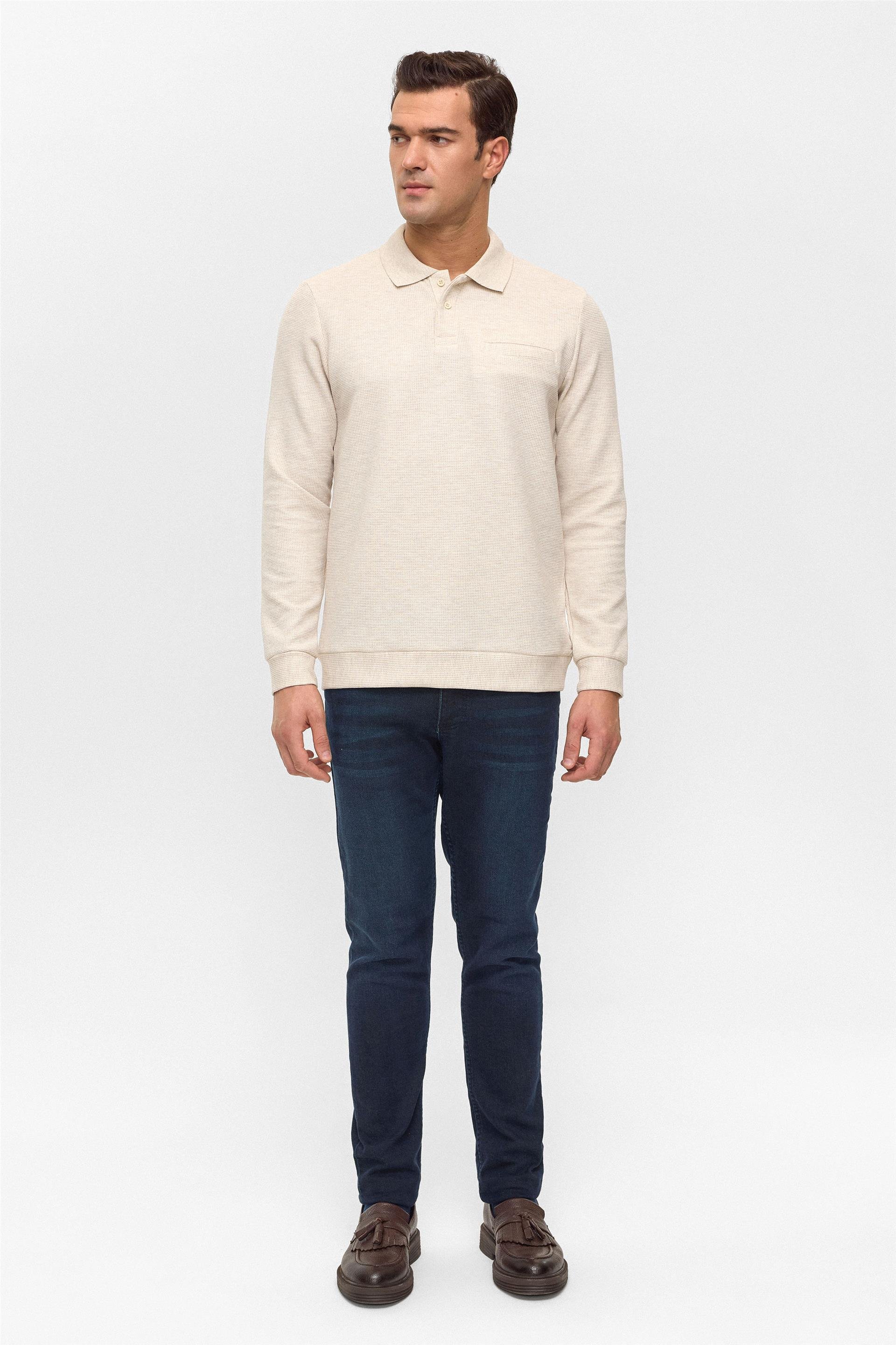 Bej Regular Armürlü Polo Yaka Sweatshirt