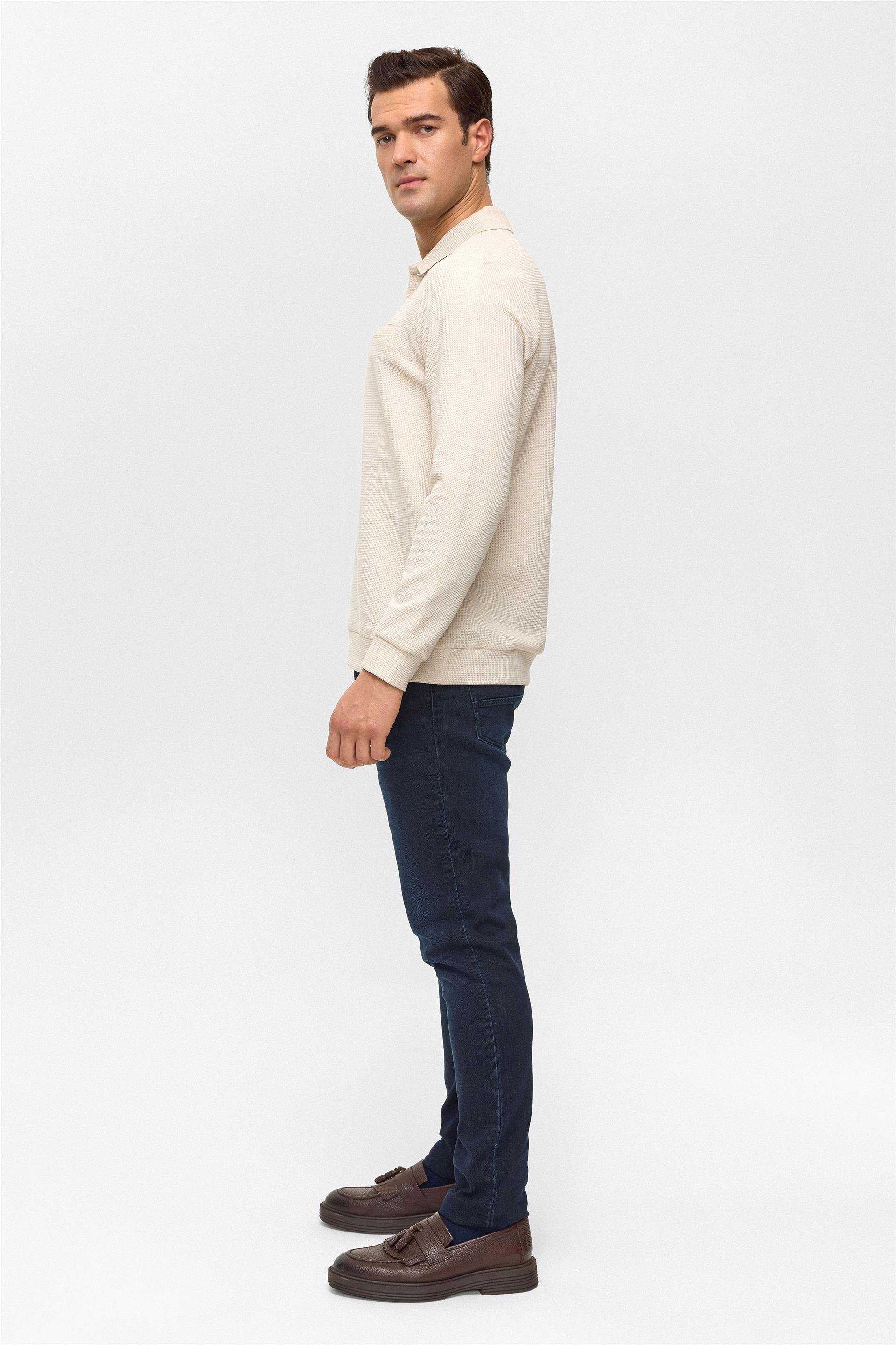 Bej Regular Armürlü Polo Yaka Sweatshirt