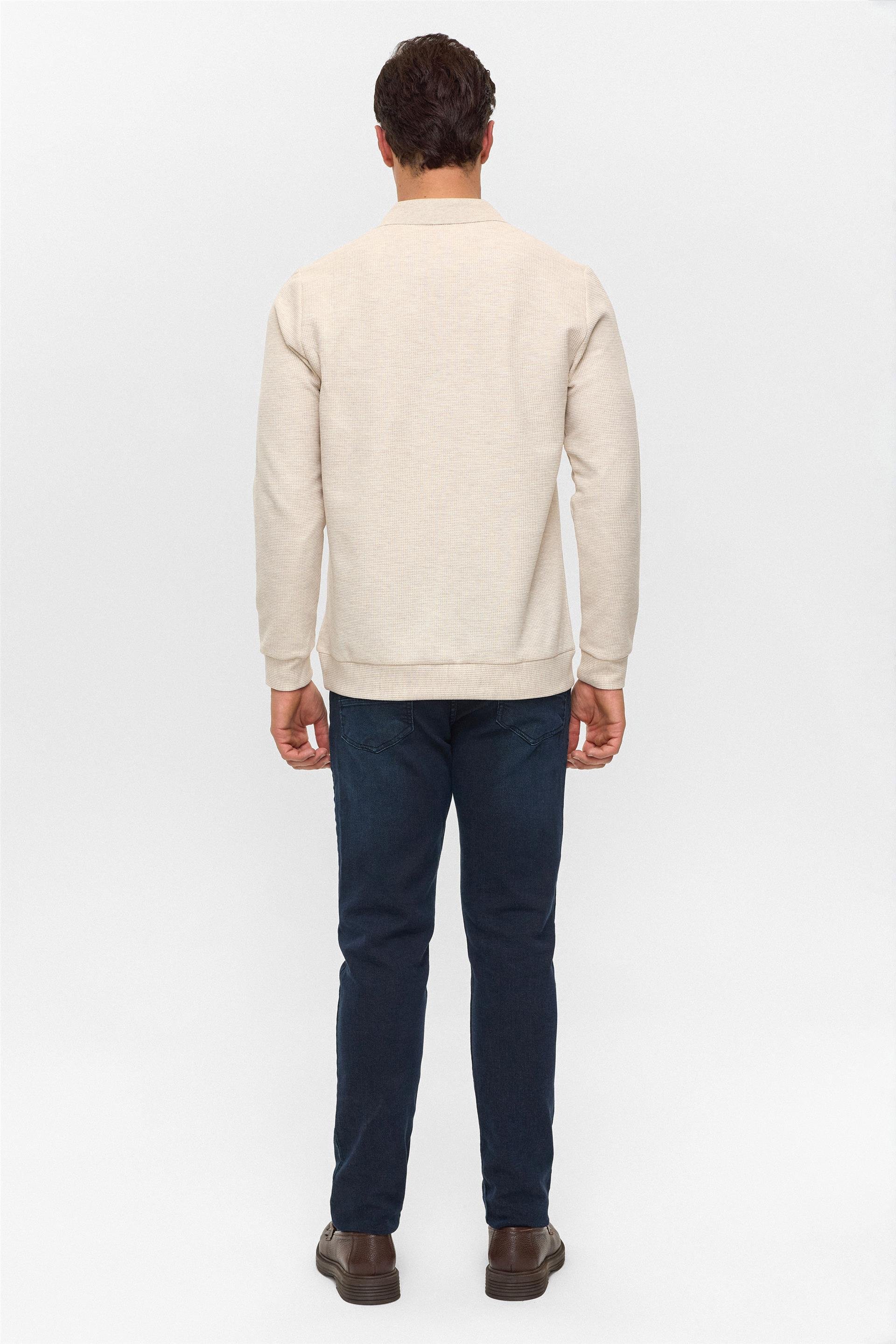 Bej Regular Armürlü Polo Yaka Sweatshirt