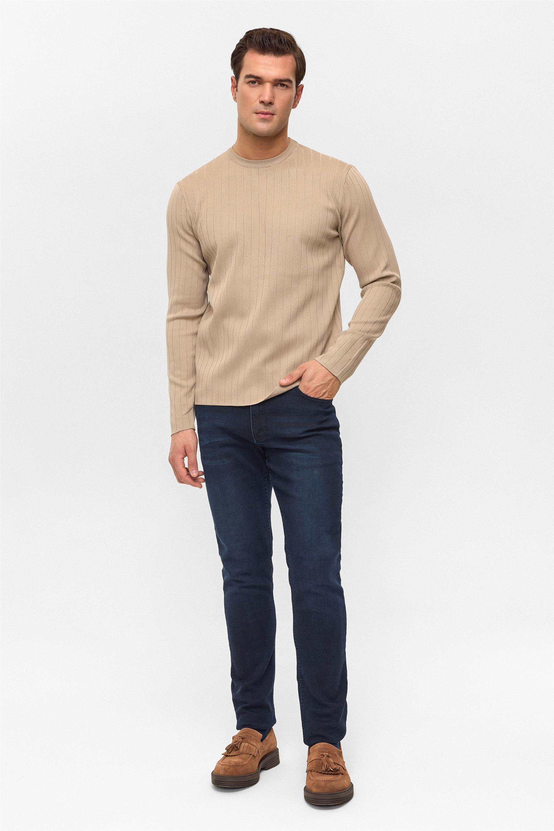 Bej Regular Desenli Bisiklet Yaka Triko Kazak