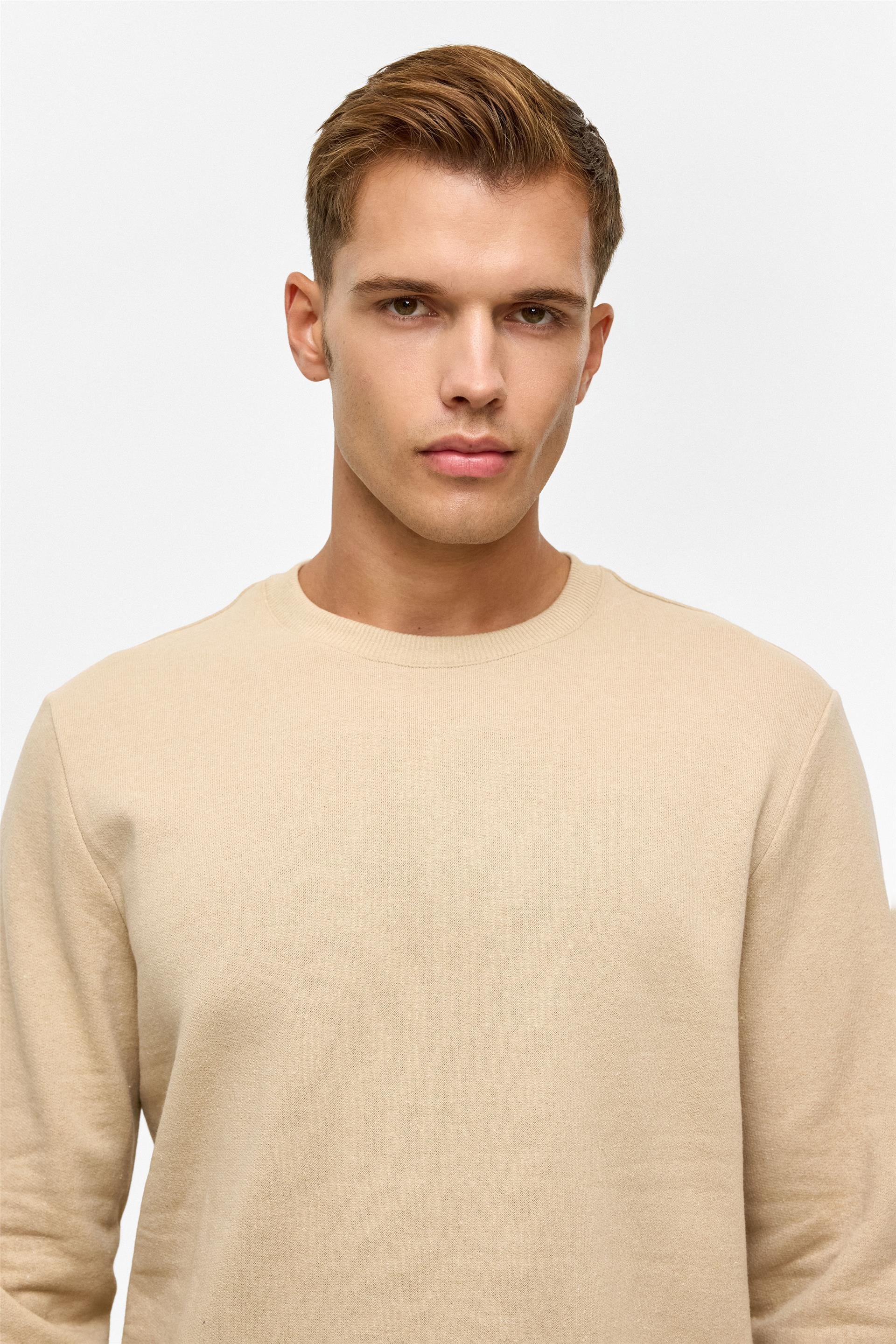 Bej Regular Düz Bisiklet Yaka Sweatshirt