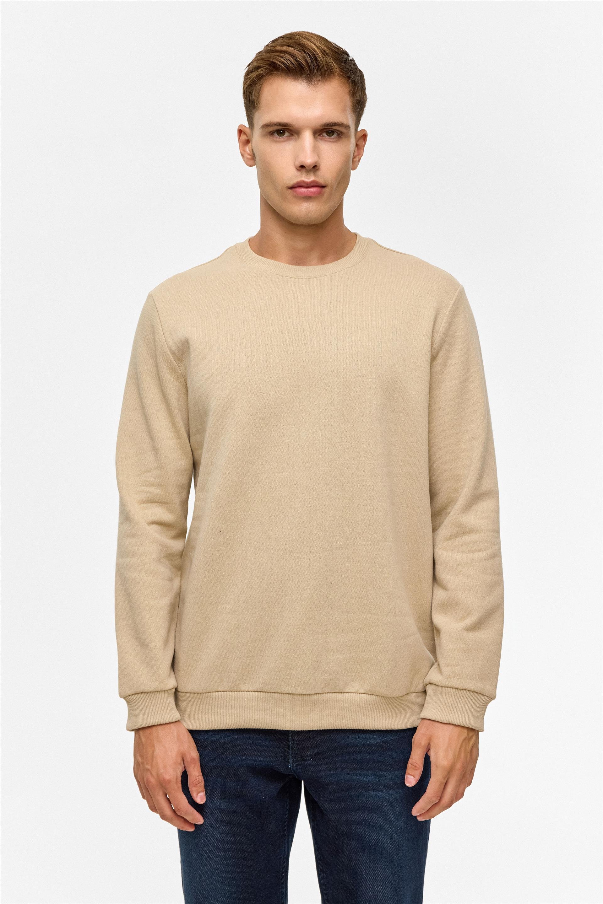 Bej Regular Düz Bisiklet Yaka Sweatshirt