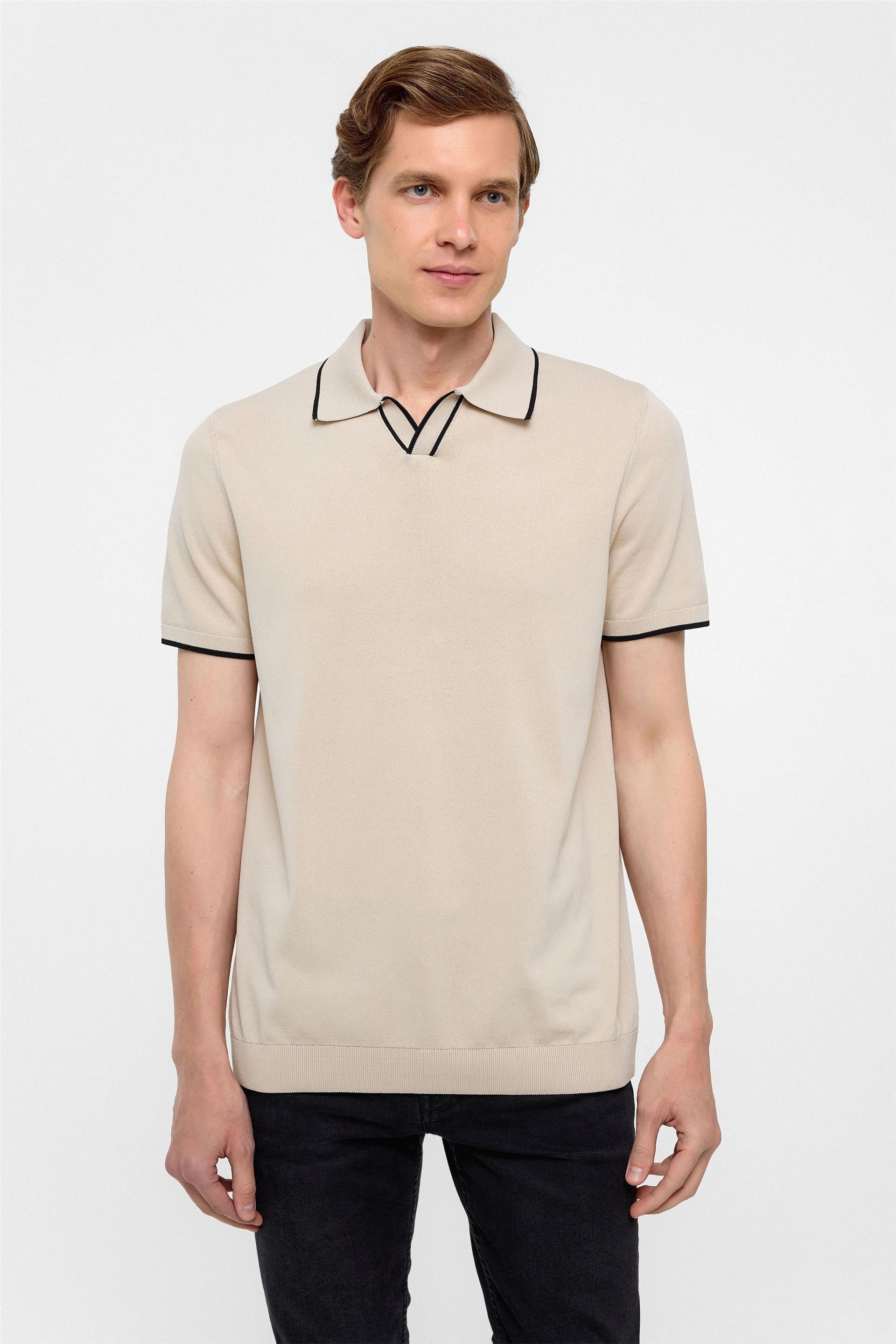 Bej Regular Düz Polo Yaka Triko