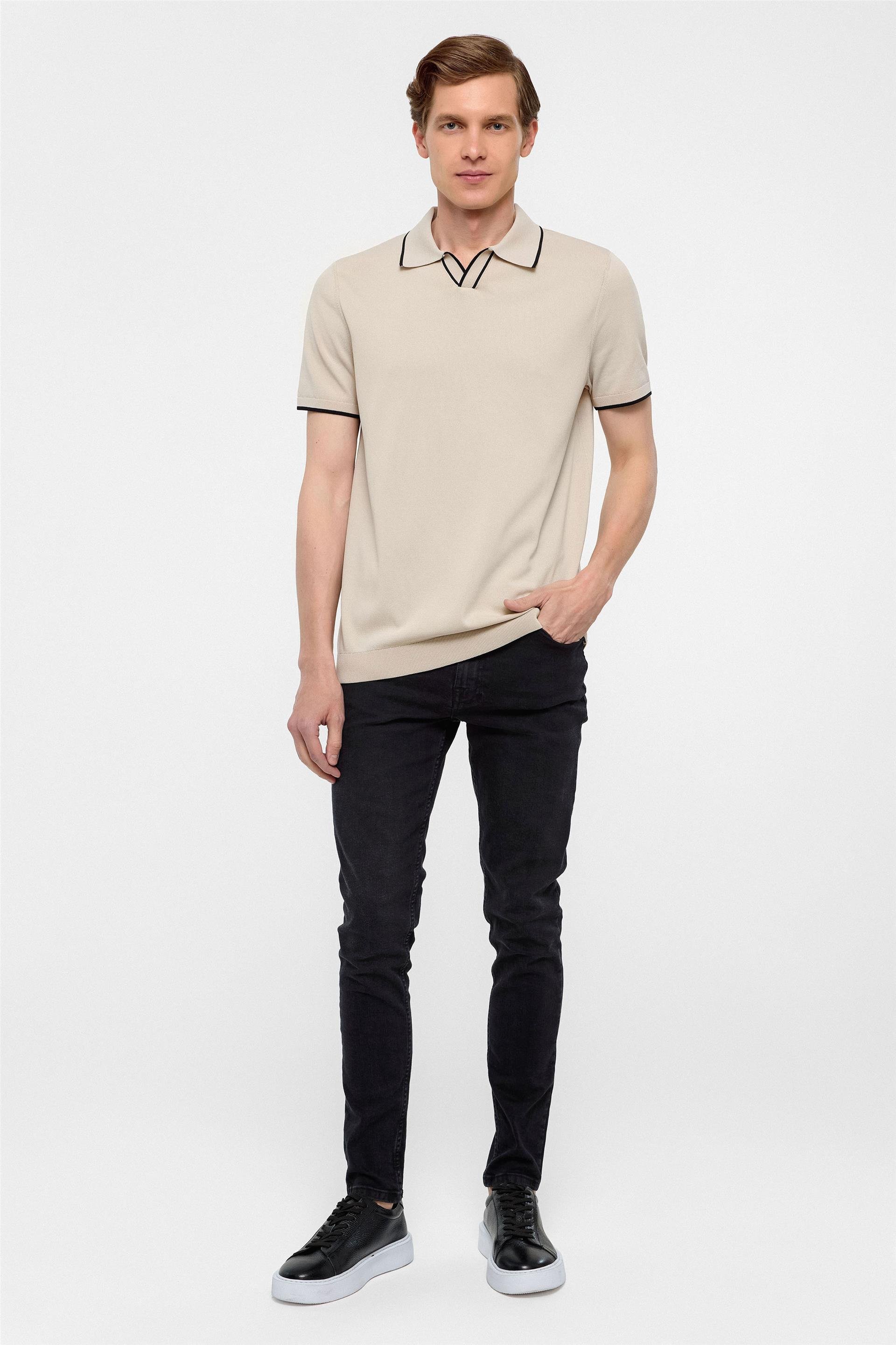 Bej Regular Düz Polo Yaka Triko