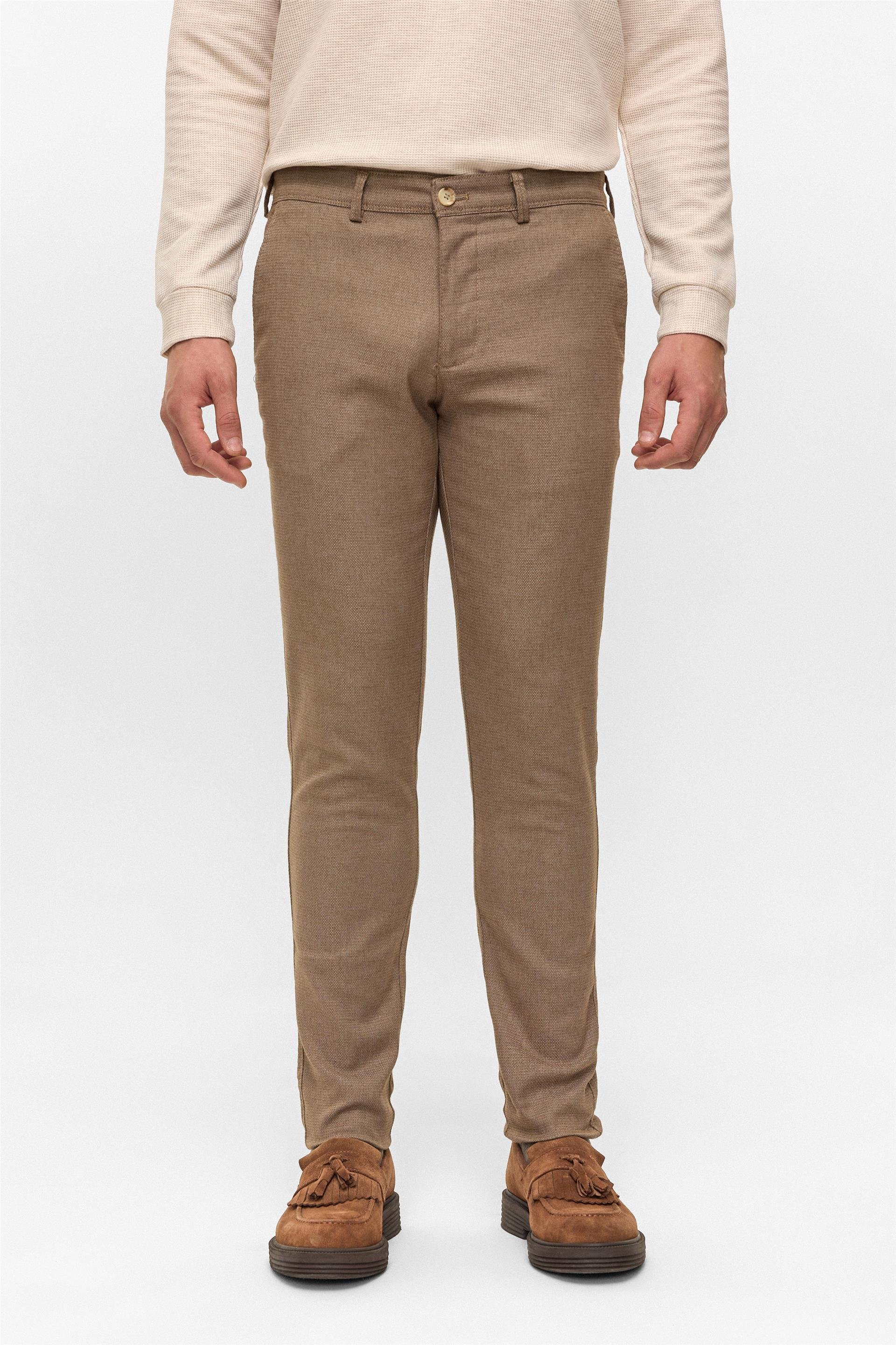 Bej Slim Armürlü Pantolon