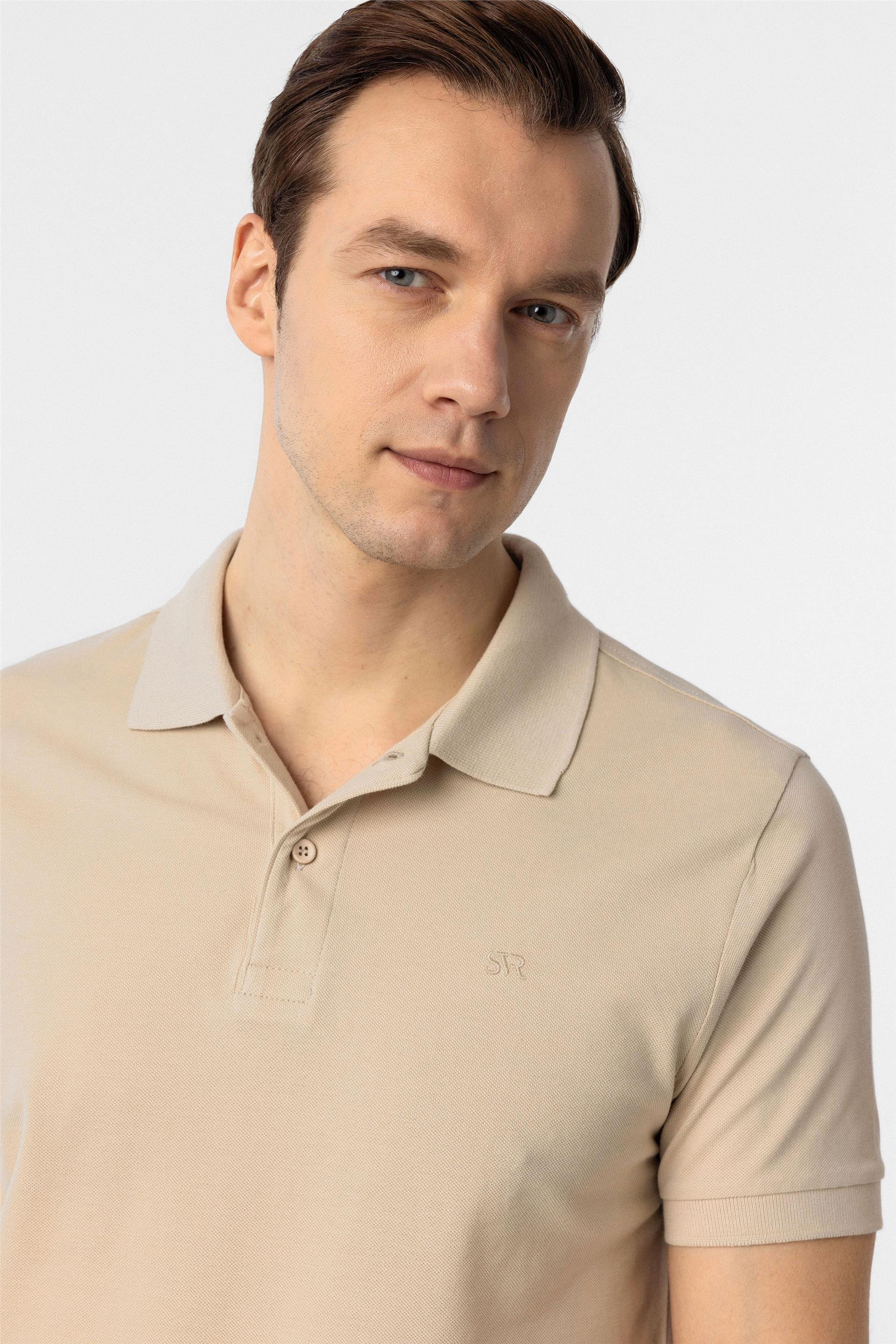 Bej Slim Düz Polo Yaka Tişört