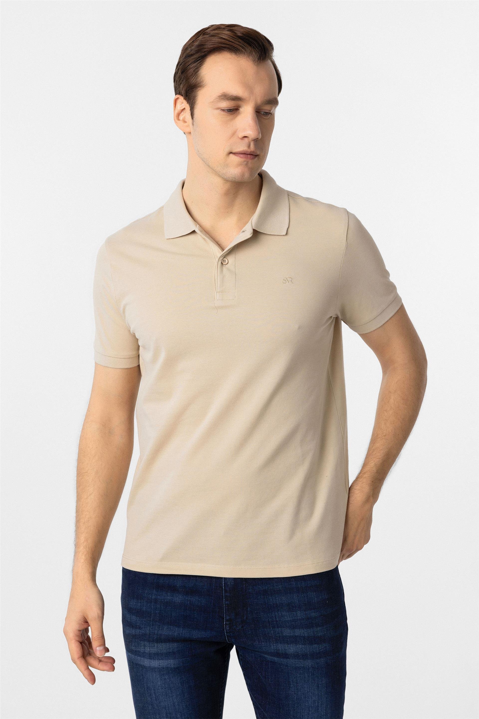 Bej Slim Düz Polo Yaka Tişört
