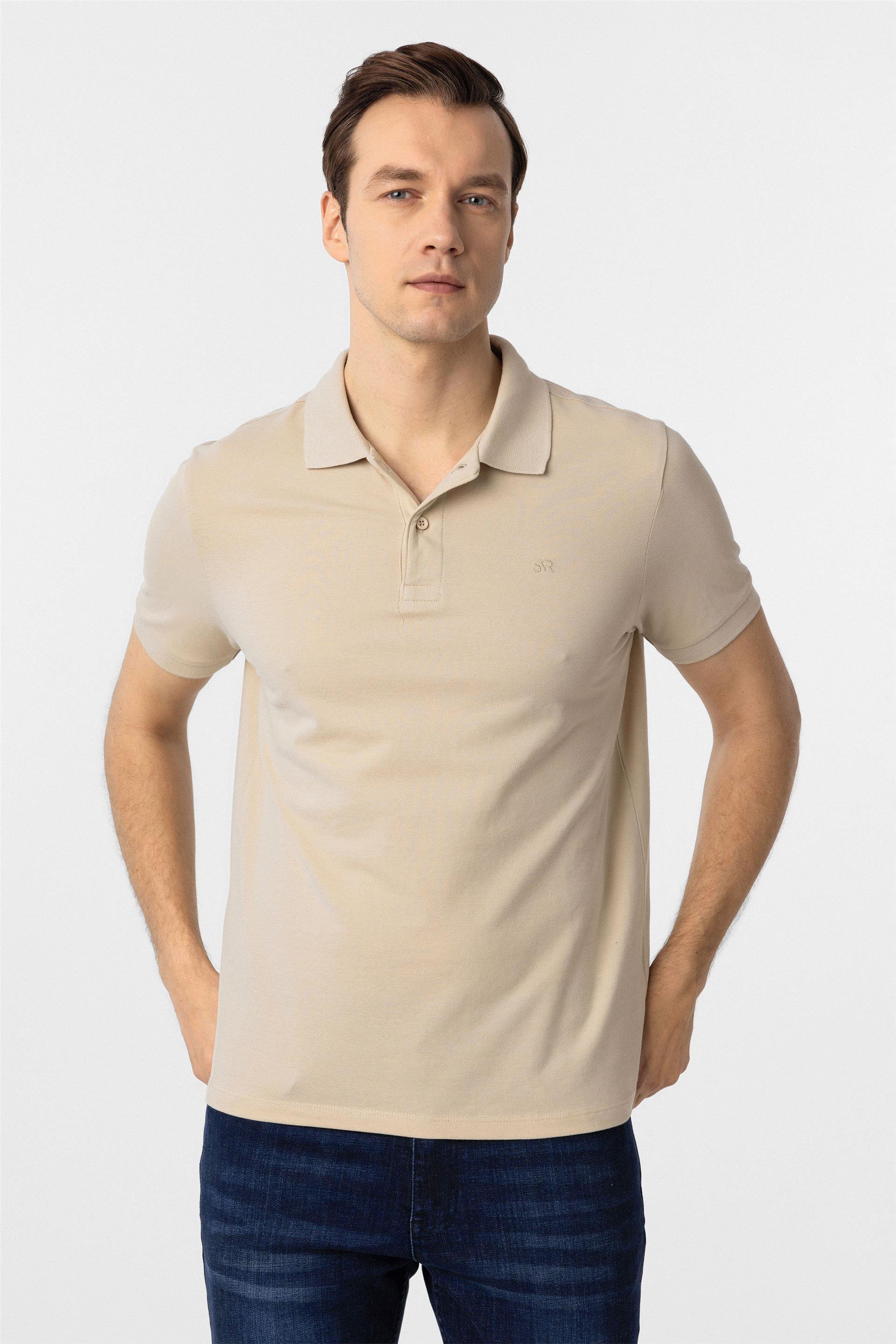 Bej Slim Düz Polo Yaka Tişört