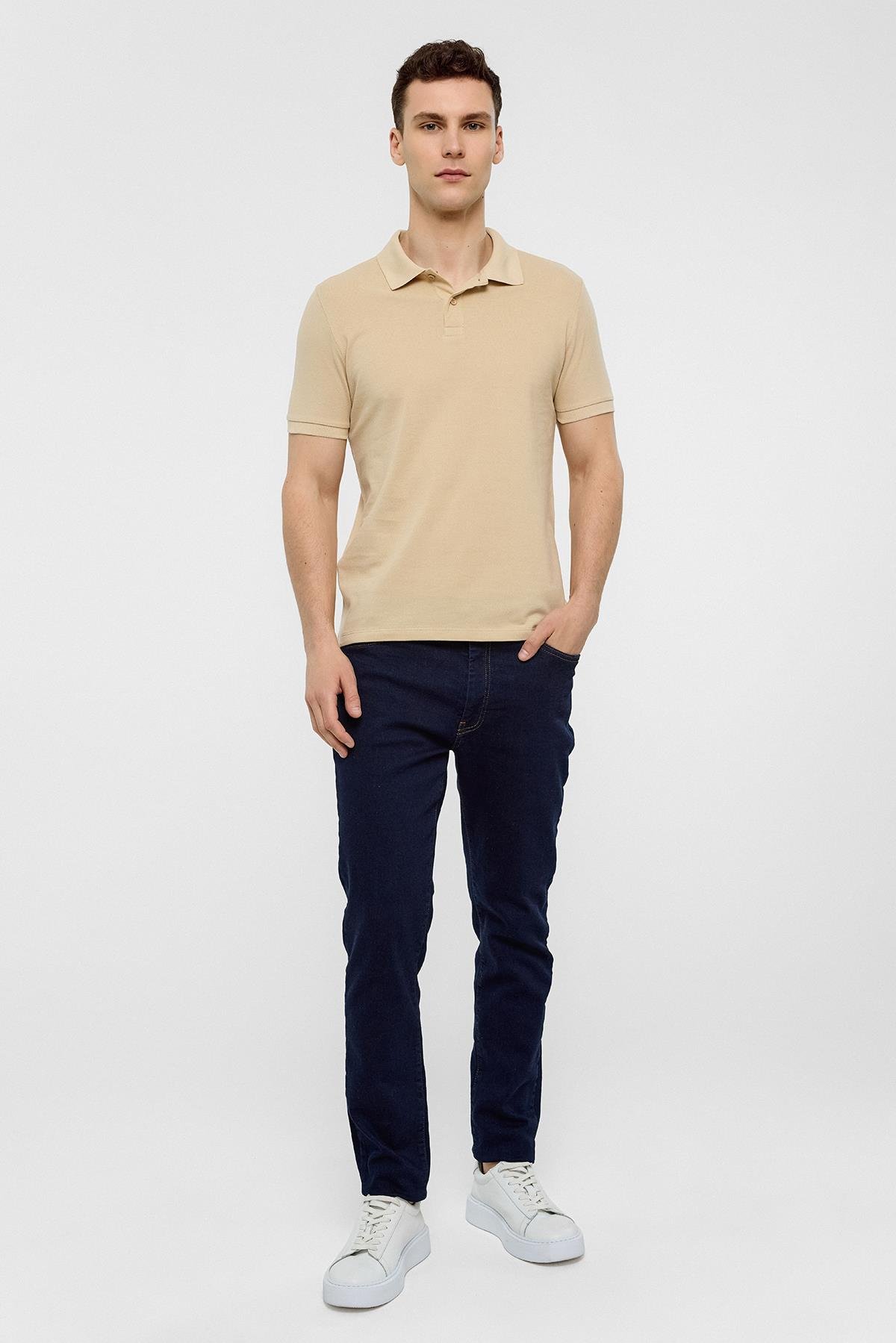 Bej Slim Düz Polo Yaka Tişört