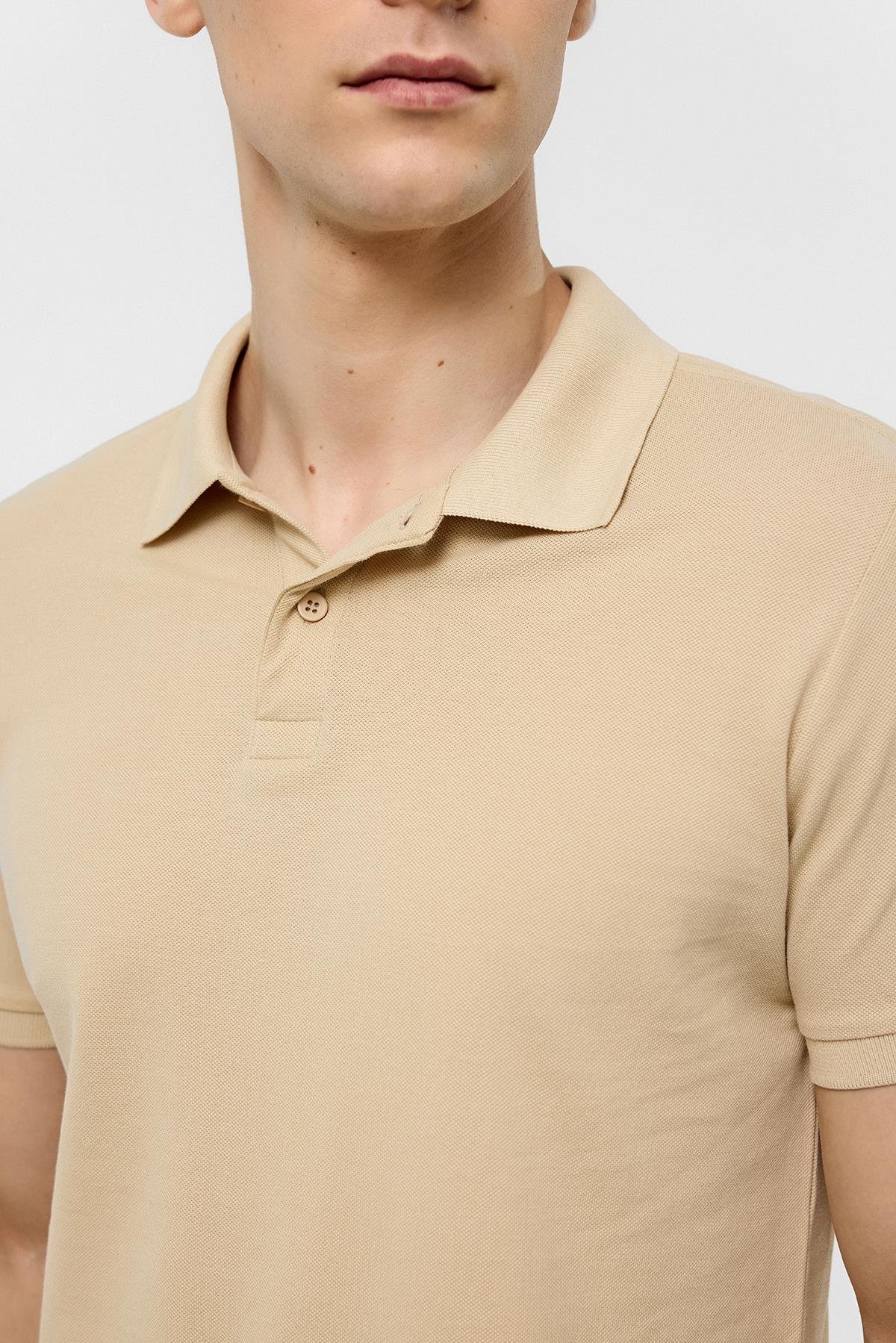 Bej Slim Düz Polo Yaka Tişört