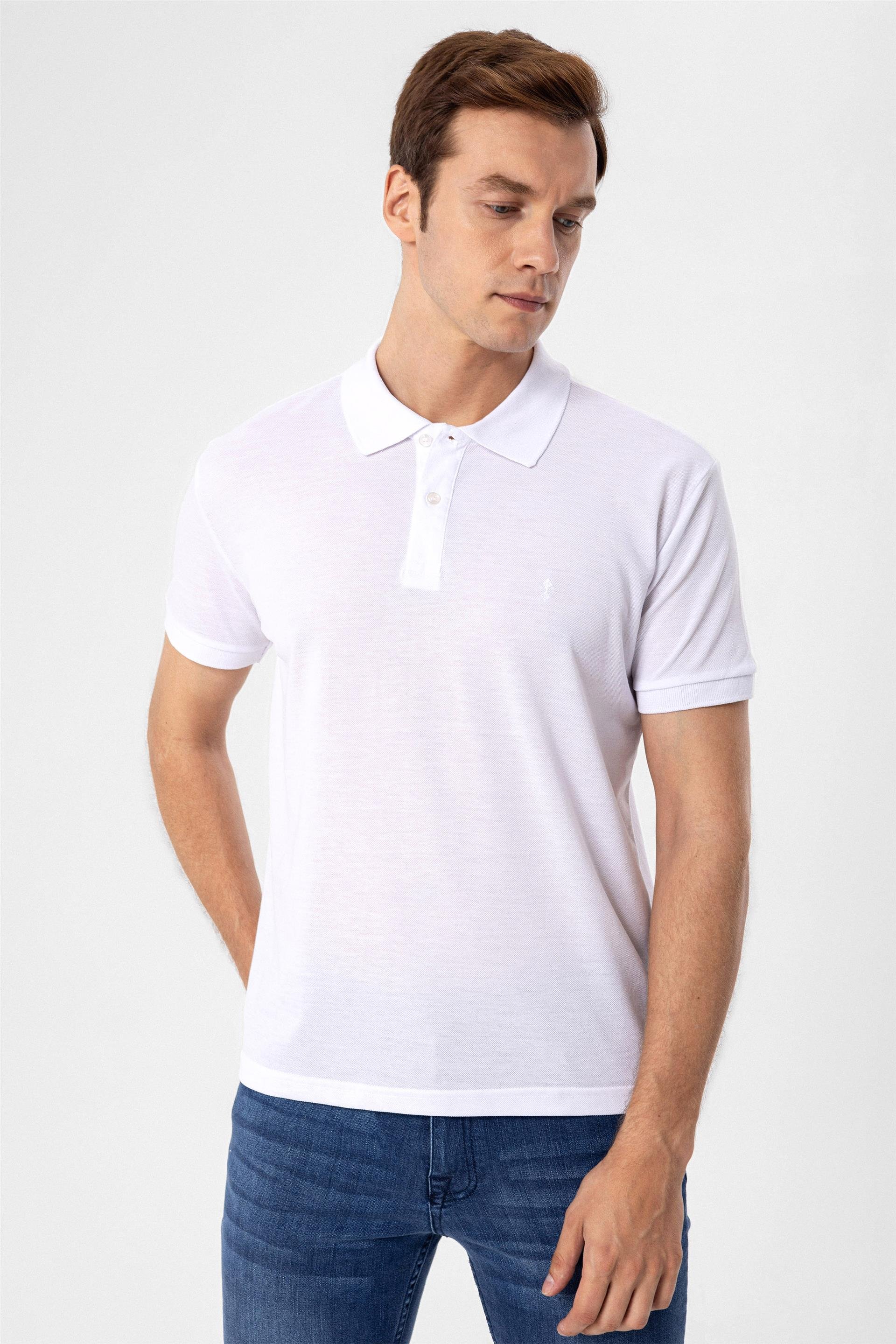 Beyaz Regular Armürlü Polo Yaka  Tişört