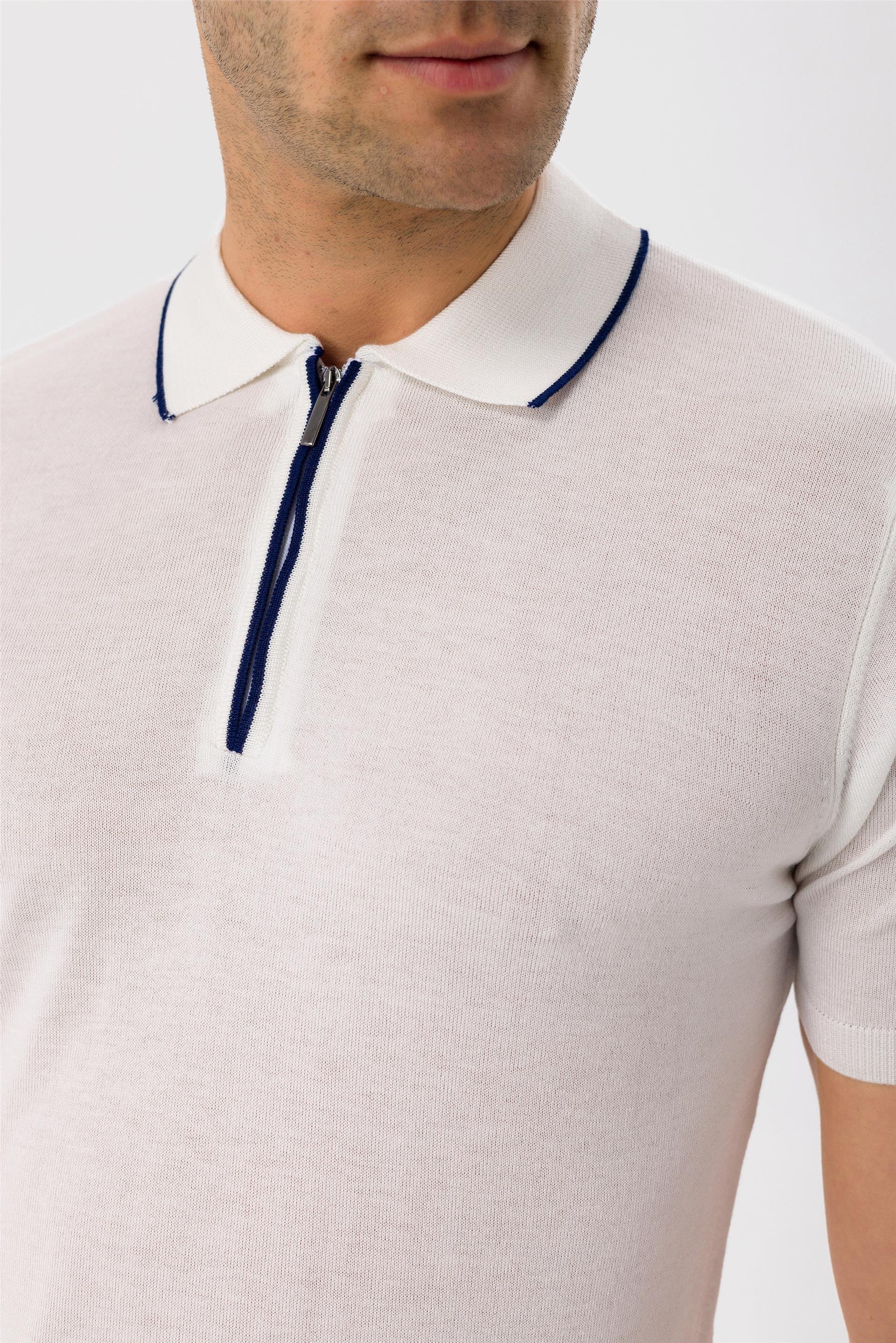 Beyaz Regular Düz Polo Yaka  Triko