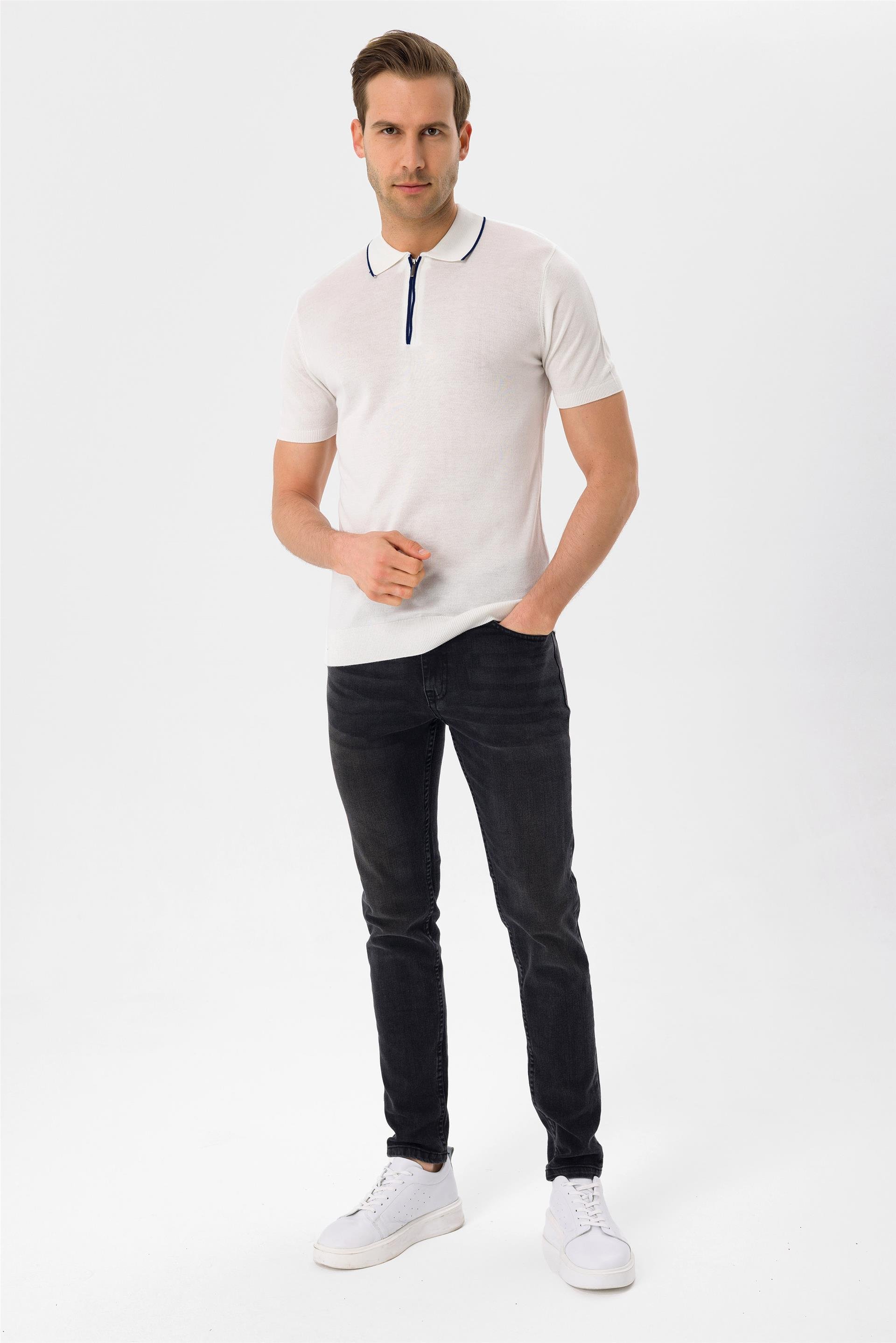 Beyaz Regular Düz Polo Yaka  Triko