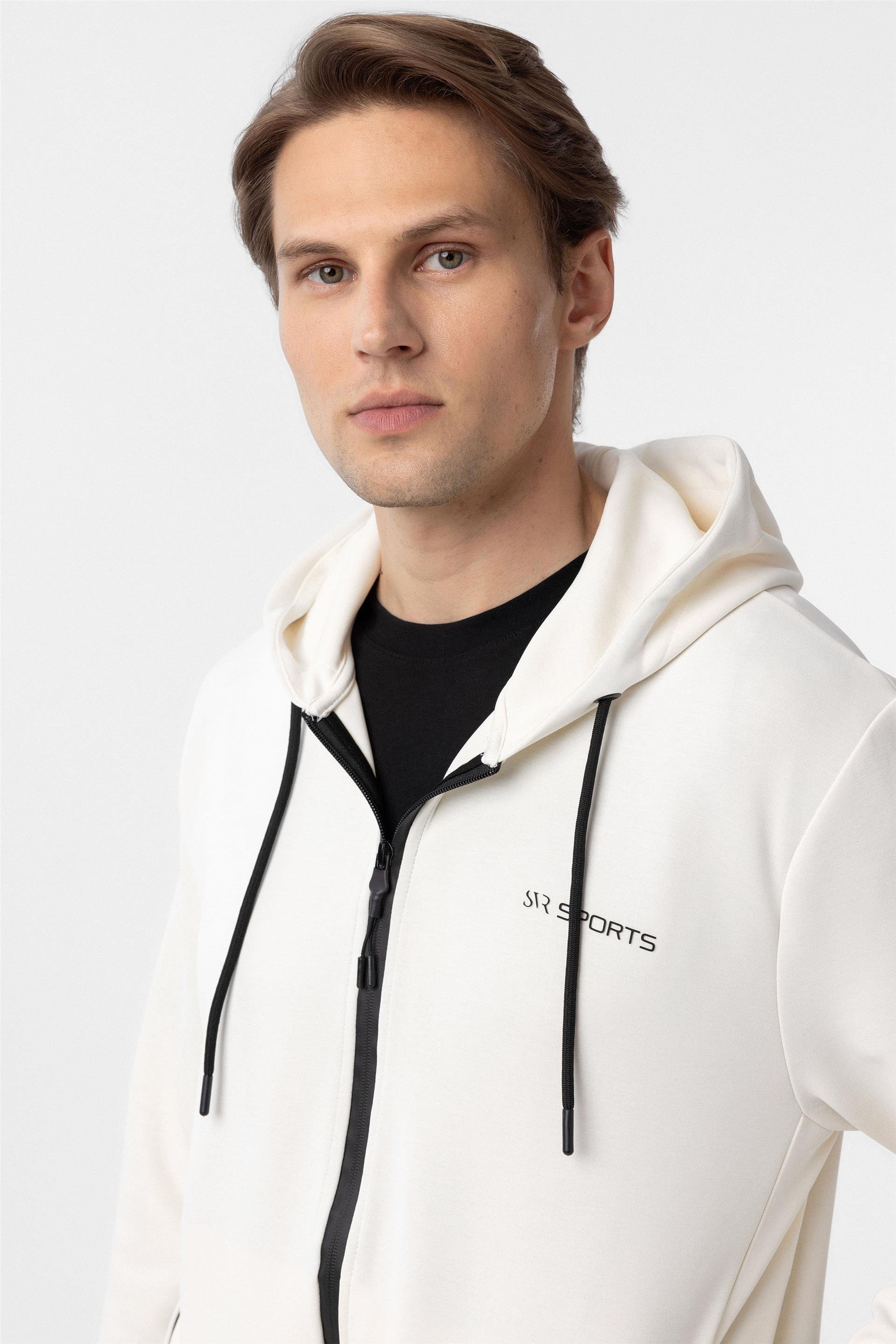Beyaz Slim Düz Kapişonlu Yaka Sweatshirt