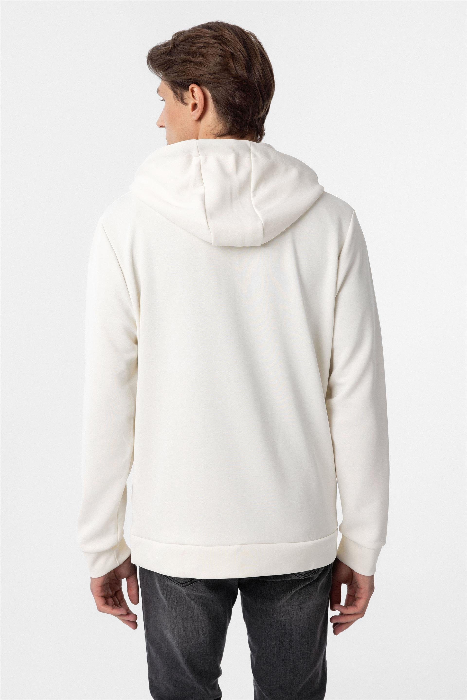Beyaz Slim Düz Kapişonlu Yaka Sweatshirt