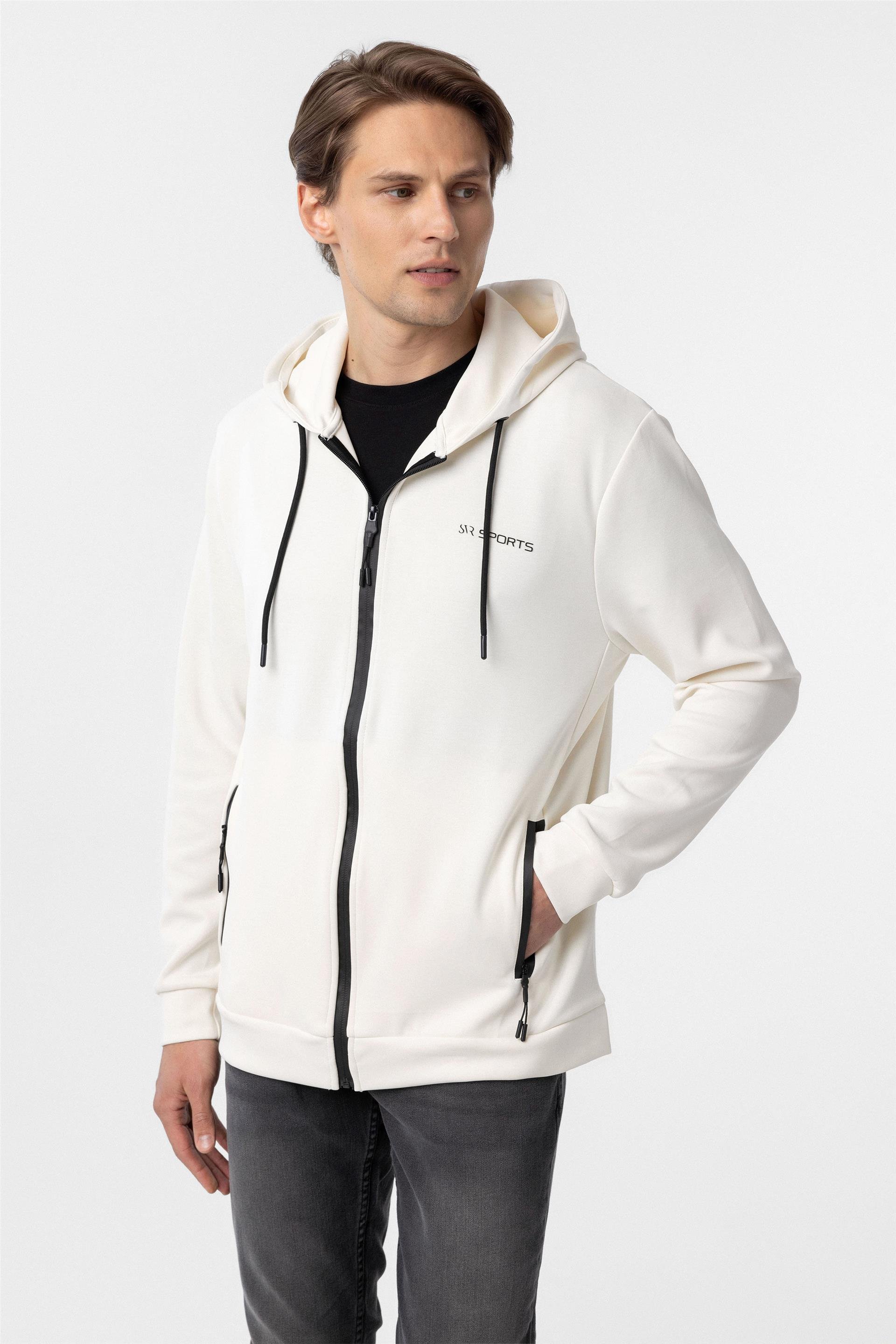Beyaz Slim Düz Kapişonlu Yaka Sweatshirt