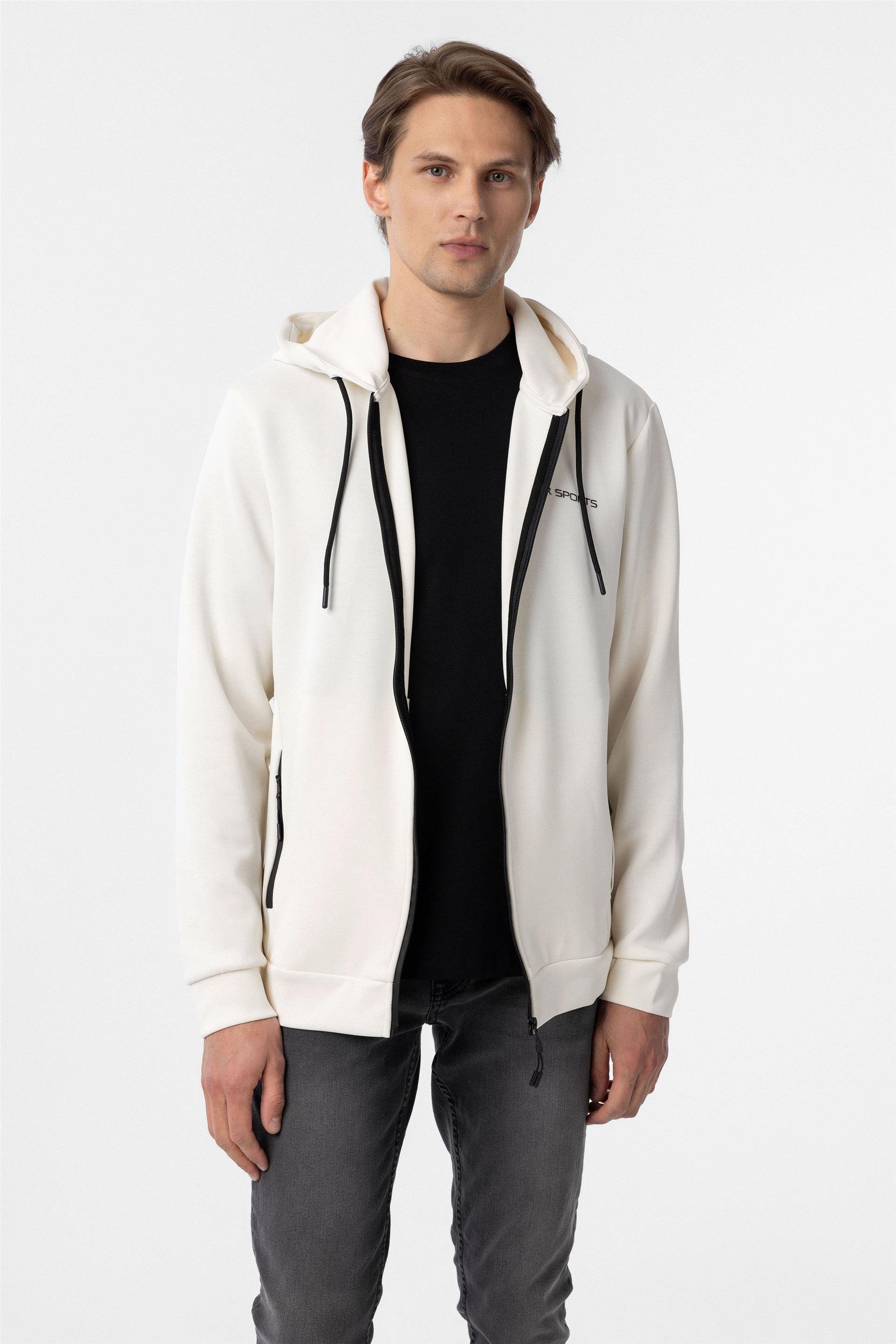 Beyaz Slim Düz Kapişonlu Yaka Sweatshirt