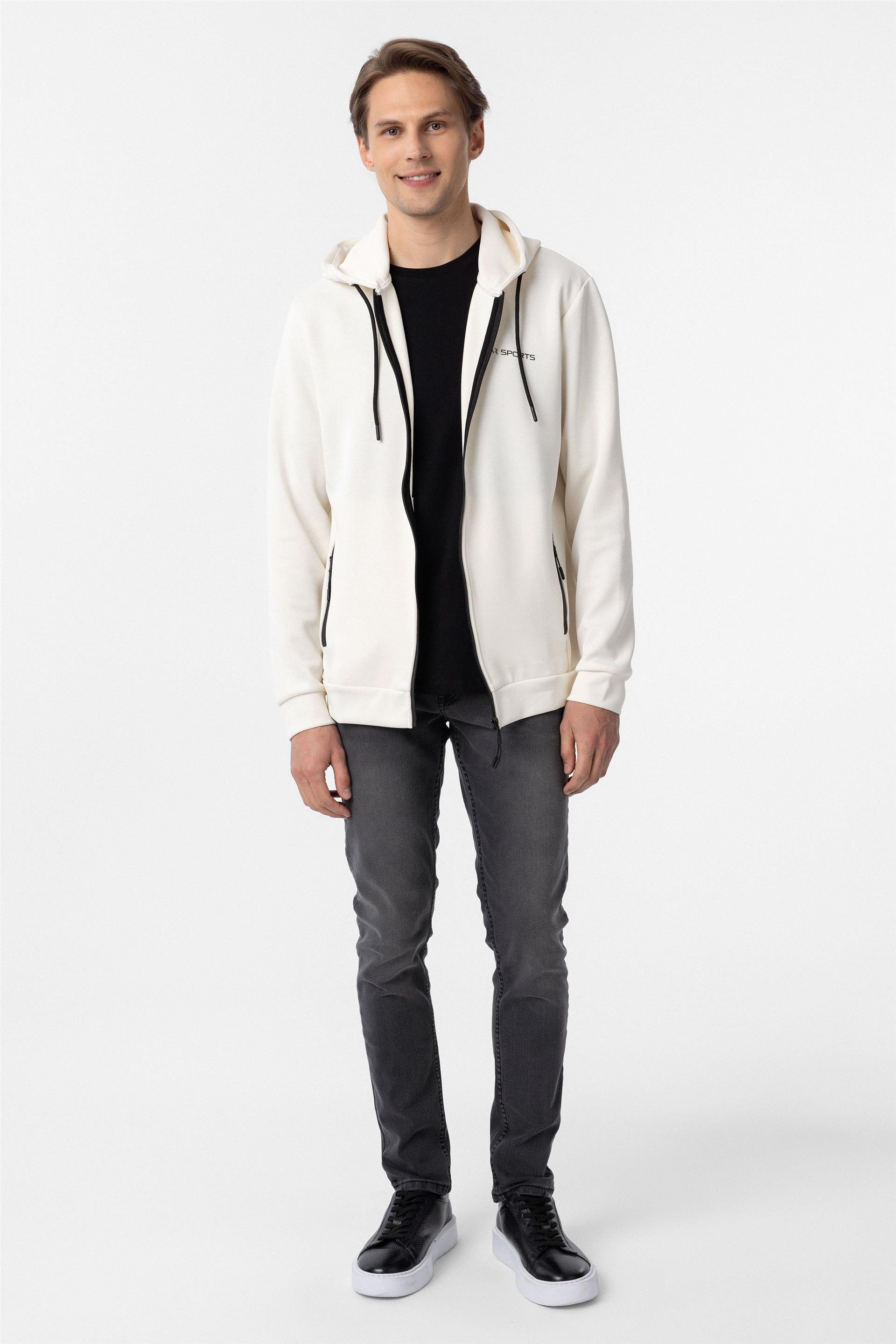 Beyaz Slim Düz Kapişonlu Yaka Sweatshirt