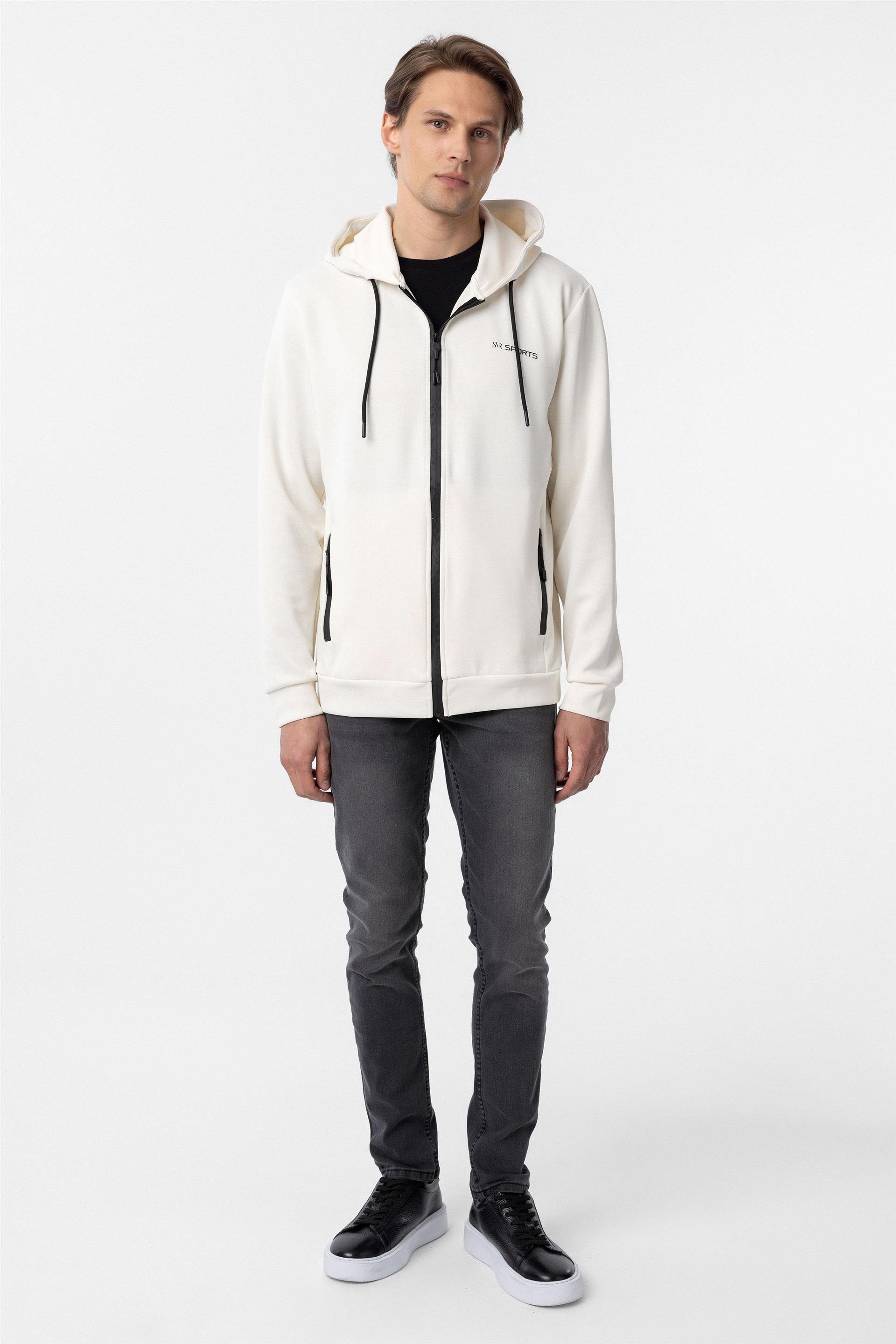 Beyaz Slim Düz Kapişonlu Yaka Sweatshirt