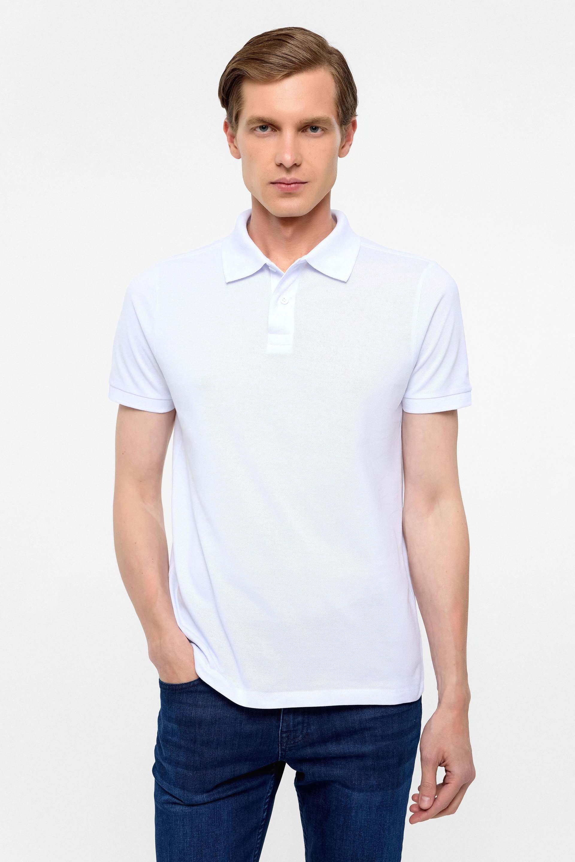 Beyaz Slim Düz Polo Yaka Tişört