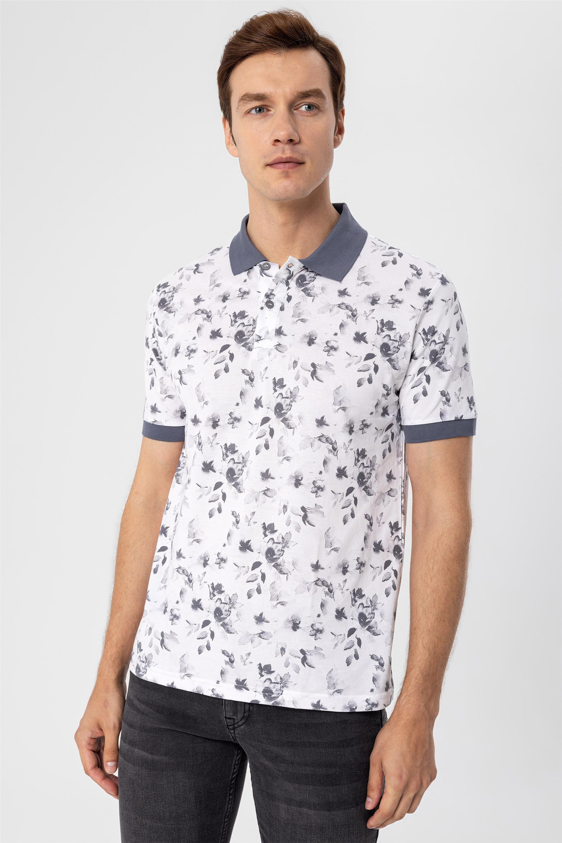 BEYAZ1 Slim Baskılı Polo Yaka  Tişört