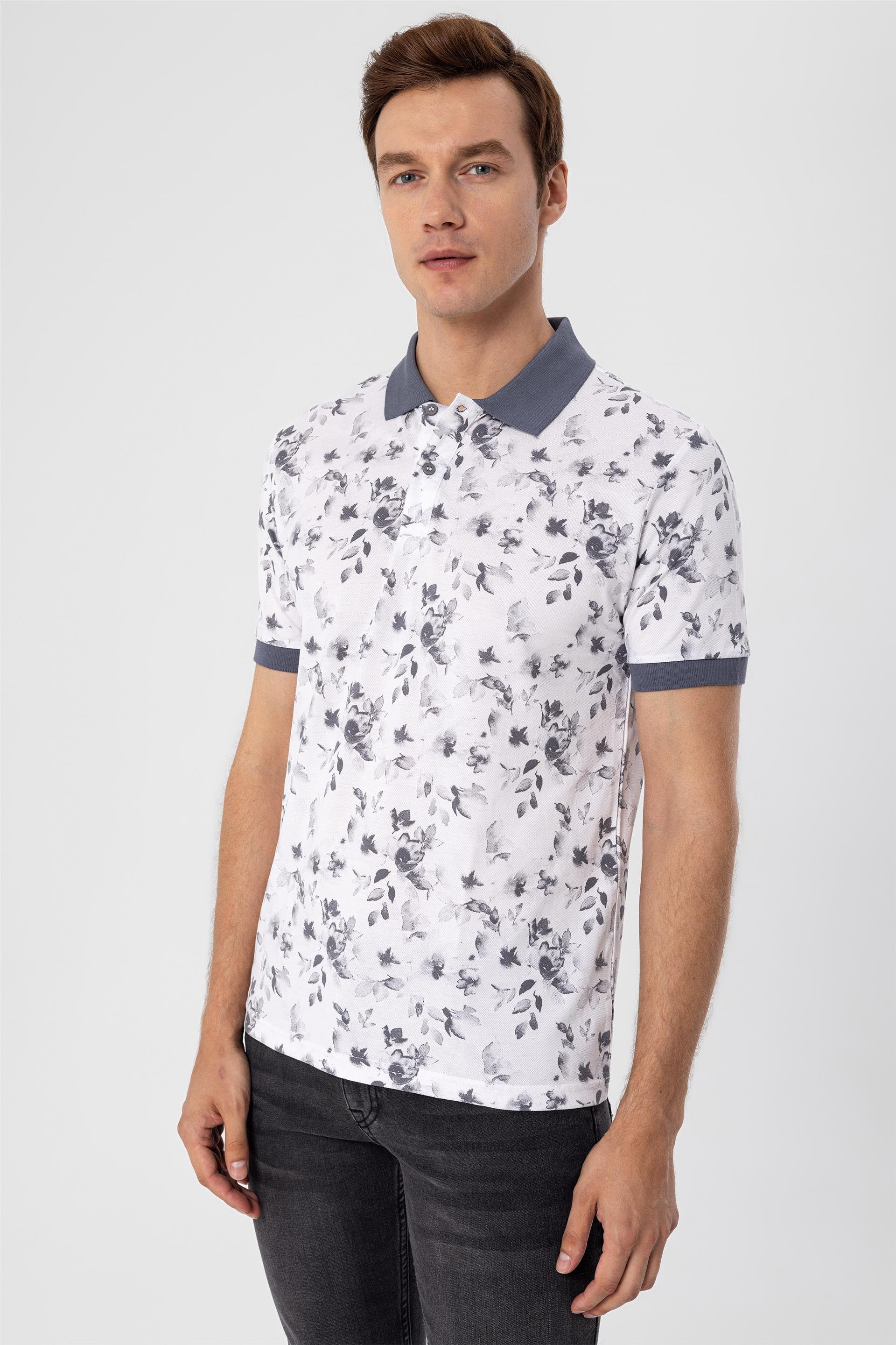 BEYAZ1 Slim Baskılı Polo Yaka  Tişört