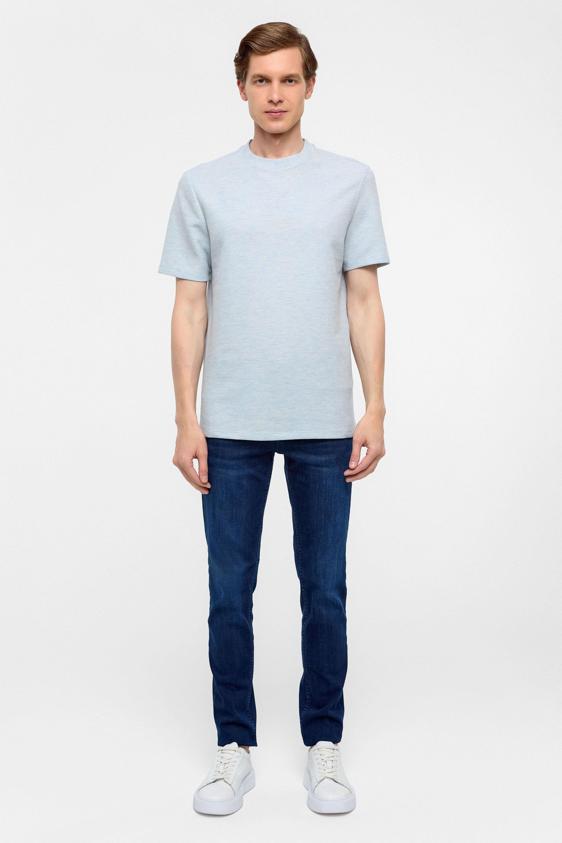 Buz Mavi Regular Armürlü Bisiklet Yaka Tişört