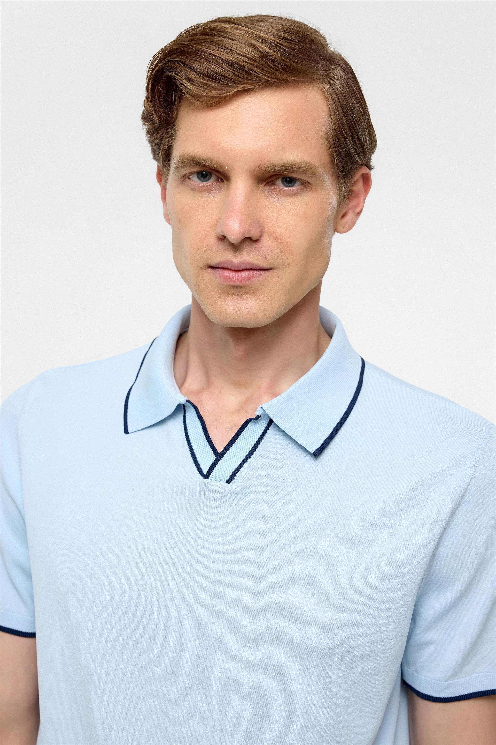 Buz Mavi Regular Düz Polo Yaka Triko