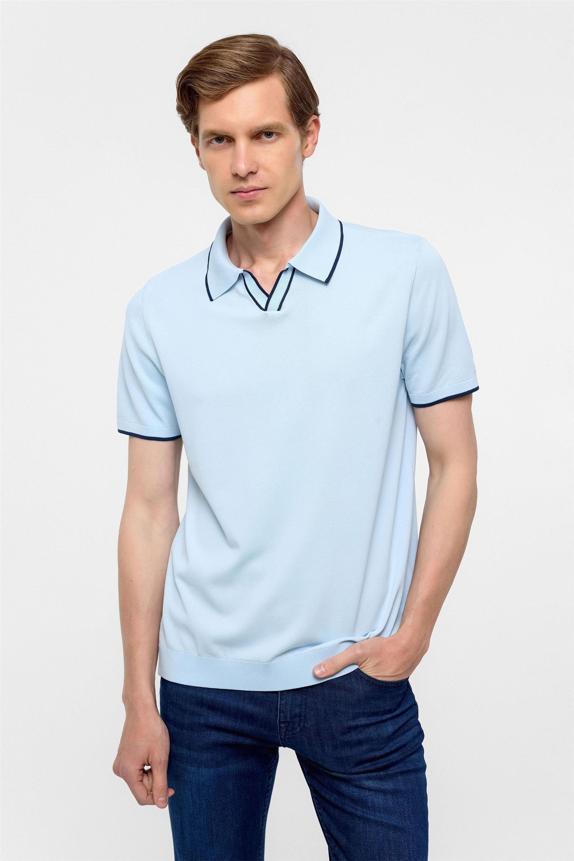 Buz Mavi Regular Düz Polo Yaka Triko