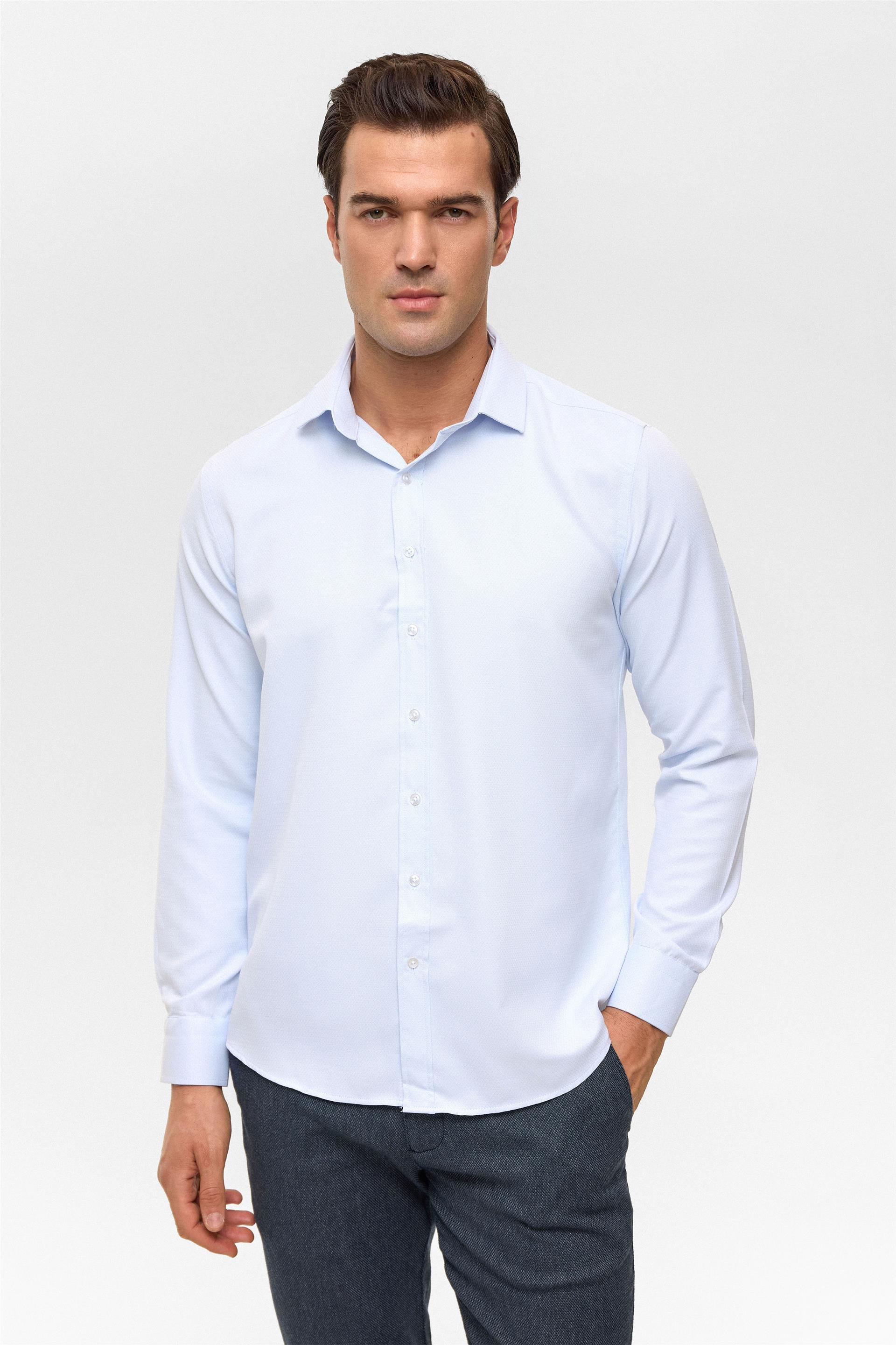 Buz Mavi Slim Armürlü Klasik Yaka Gömlek