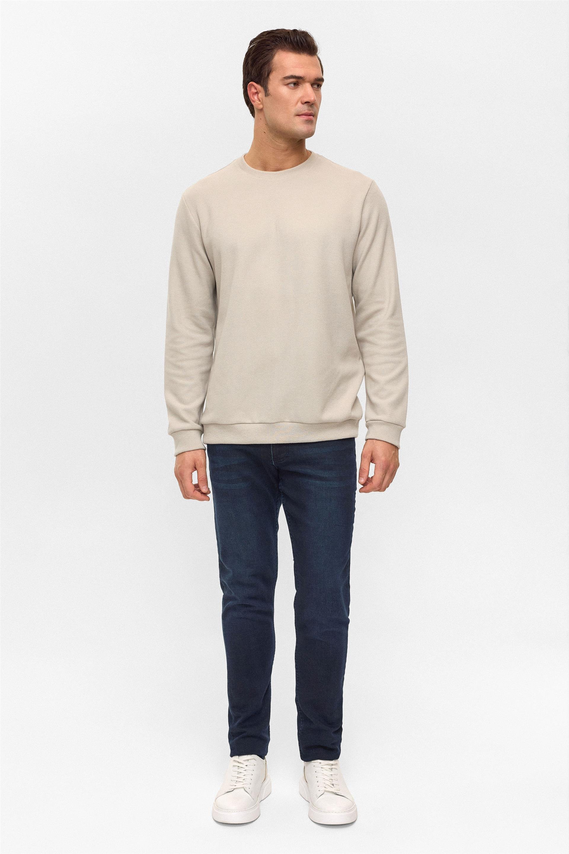 Ekru Regular Düz Bisiklet Yaka Sweatshirt