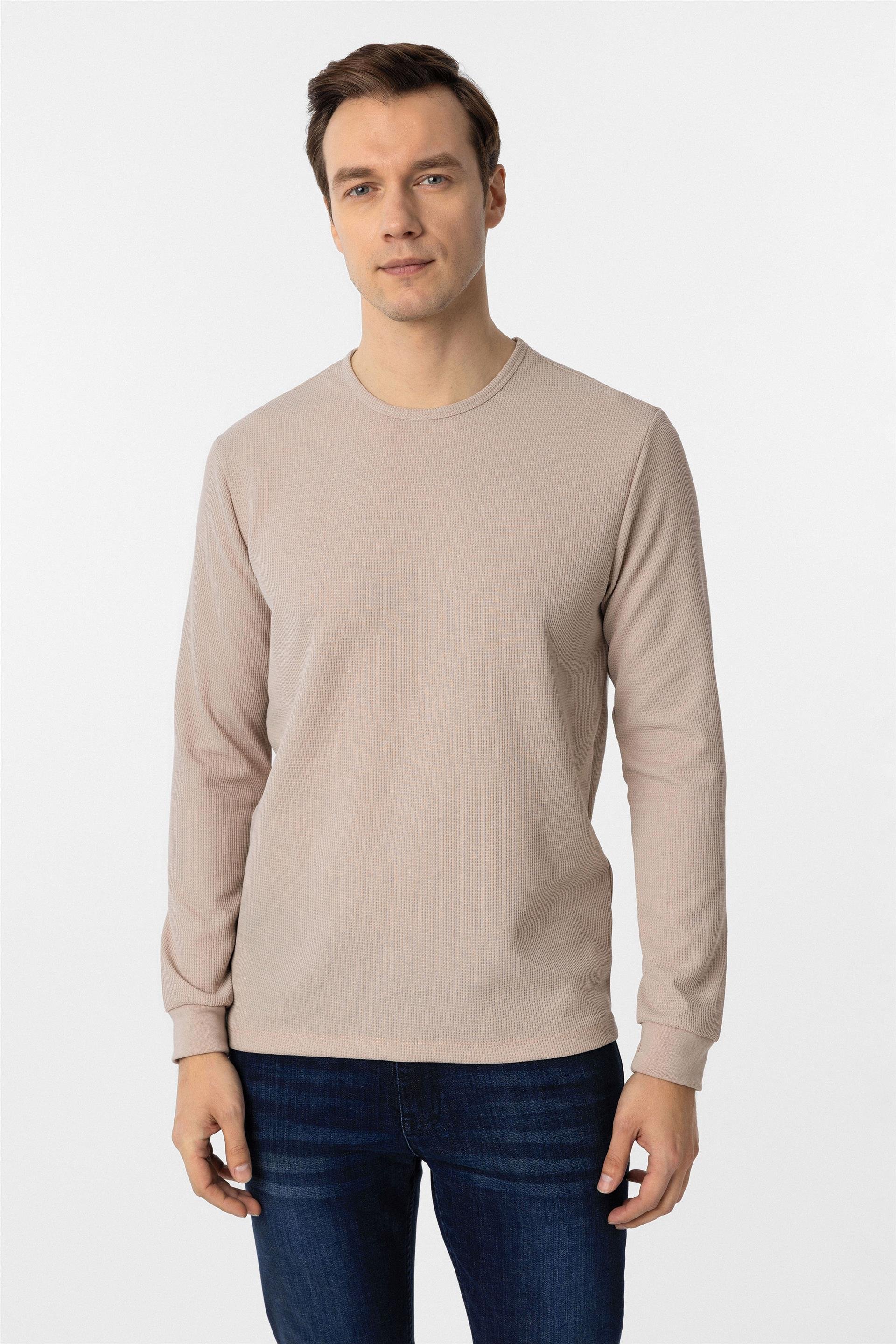 Ekru Slim Armürlü O Yaka Sweatshirt