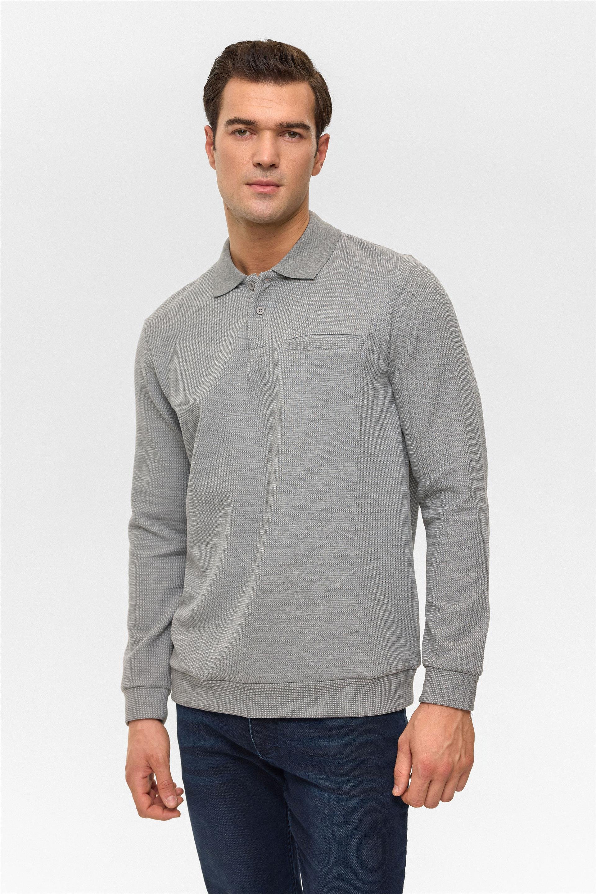 Gri Regular Armürlü Polo Yaka Sweatshirt
