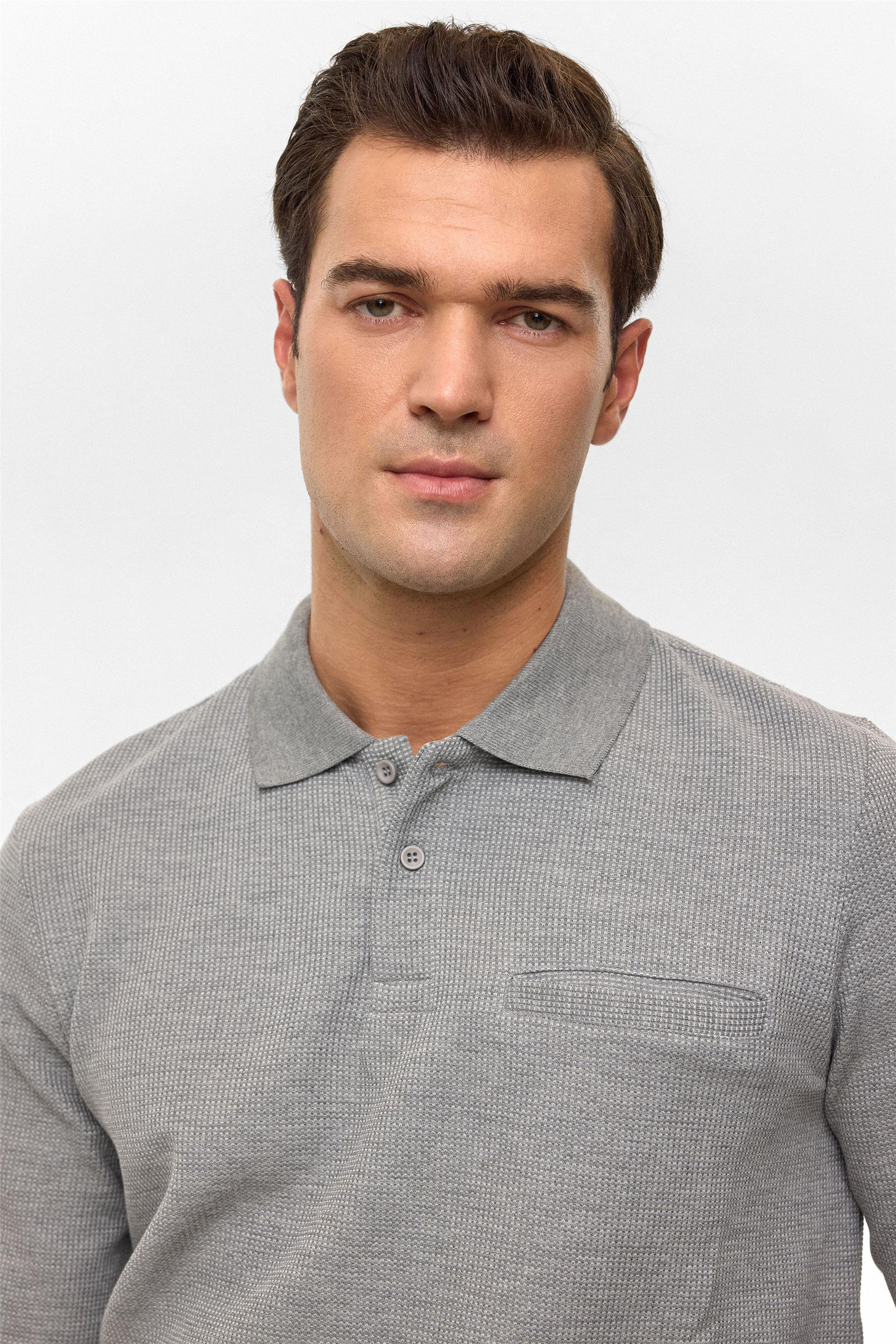 Gri Regular Armürlü Polo Yaka Sweatshirt