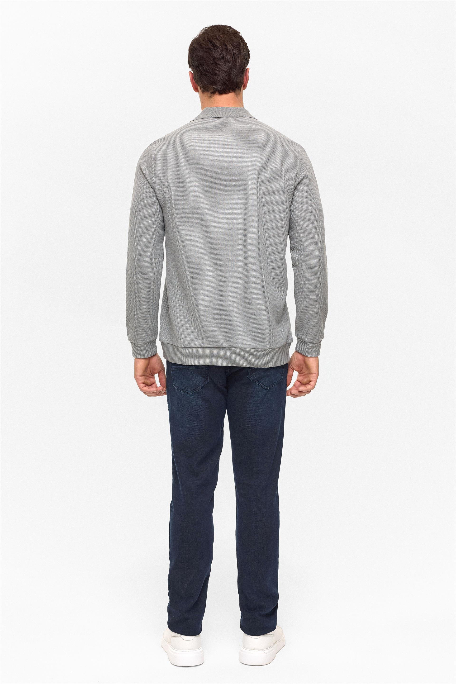 Gri Regular Armürlü Polo Yaka Sweatshirt