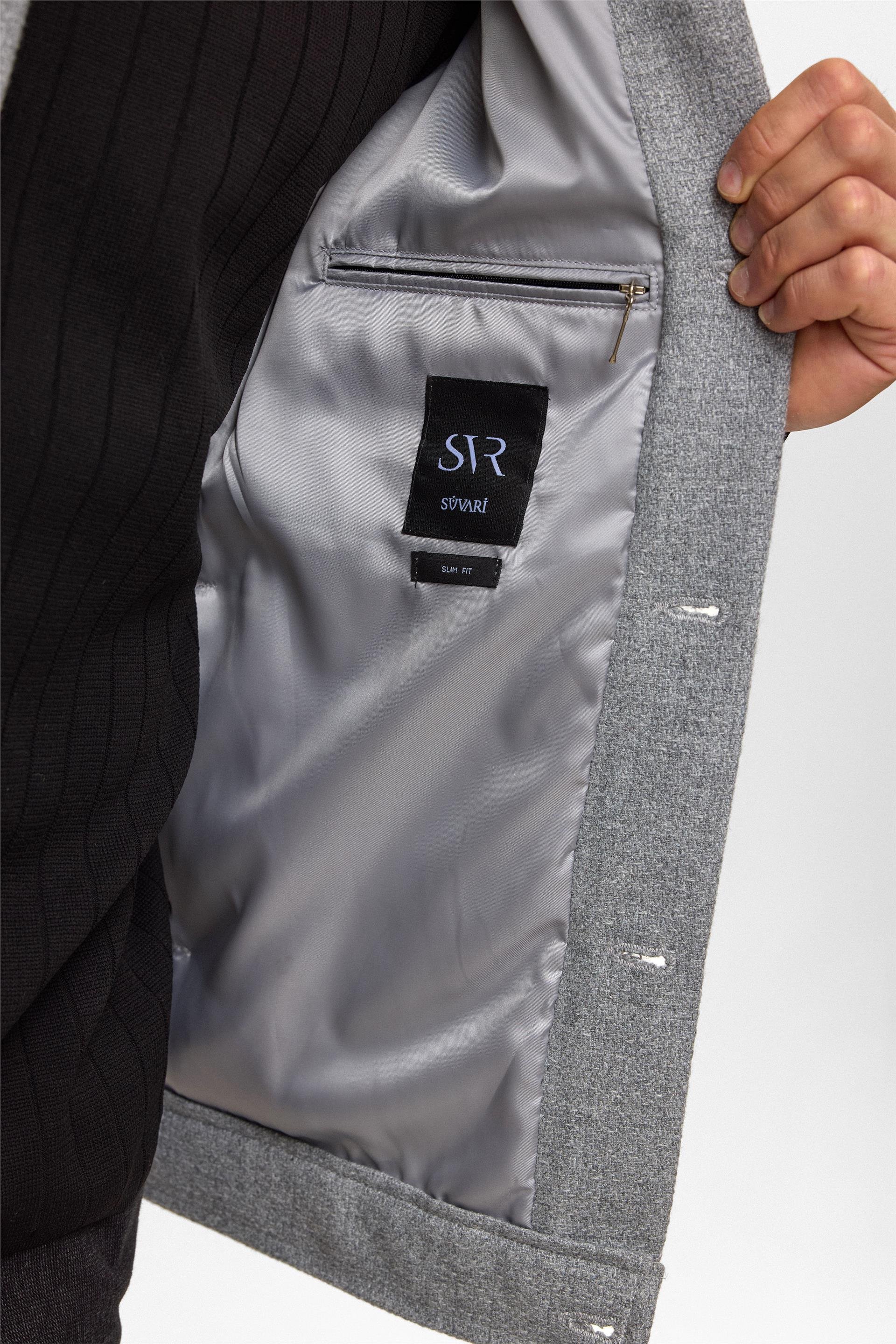 Gri Slim Desenli Klasik Yaka Mont