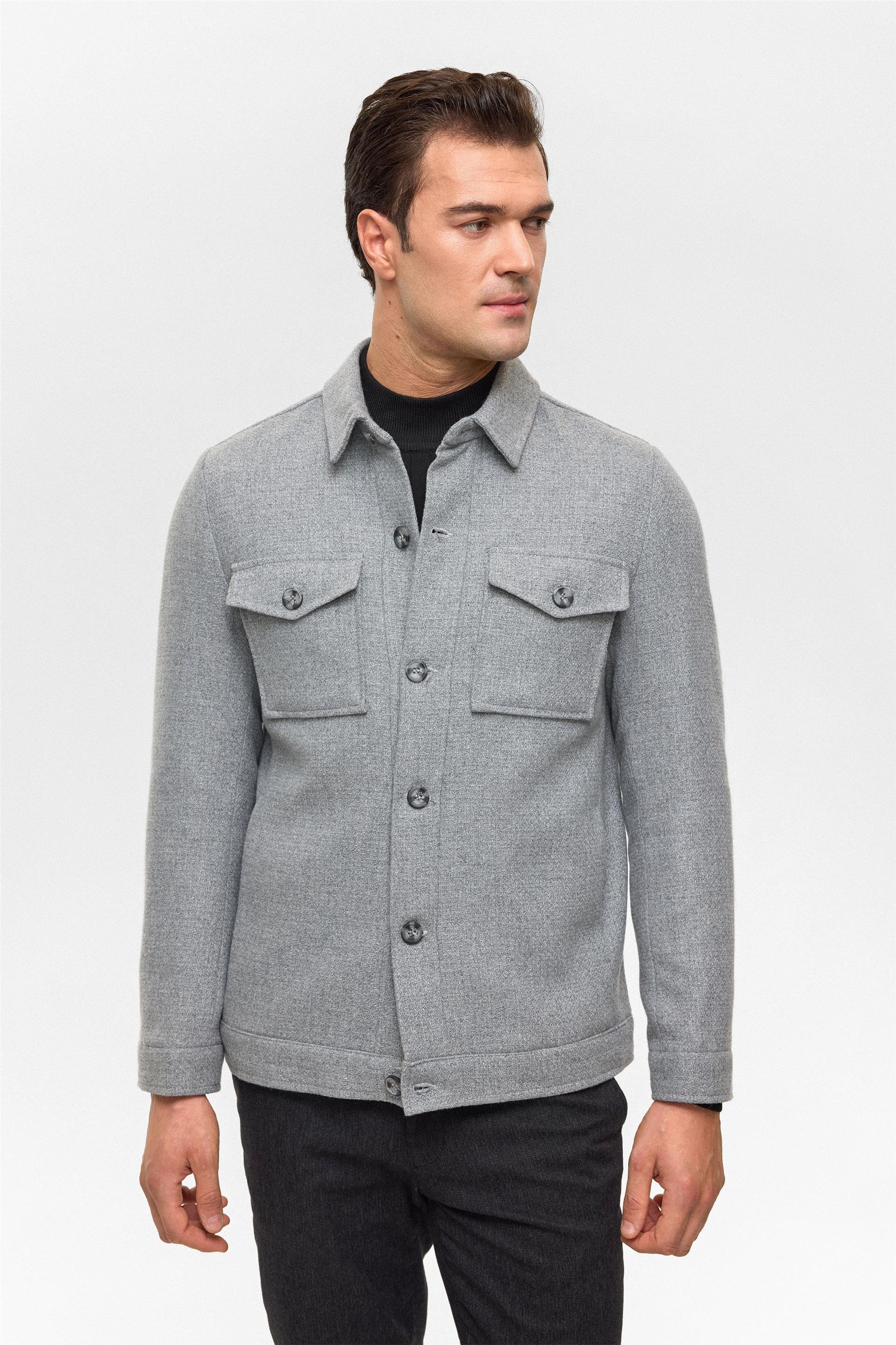 Gri Slim Desenli Klasik Yaka Mont