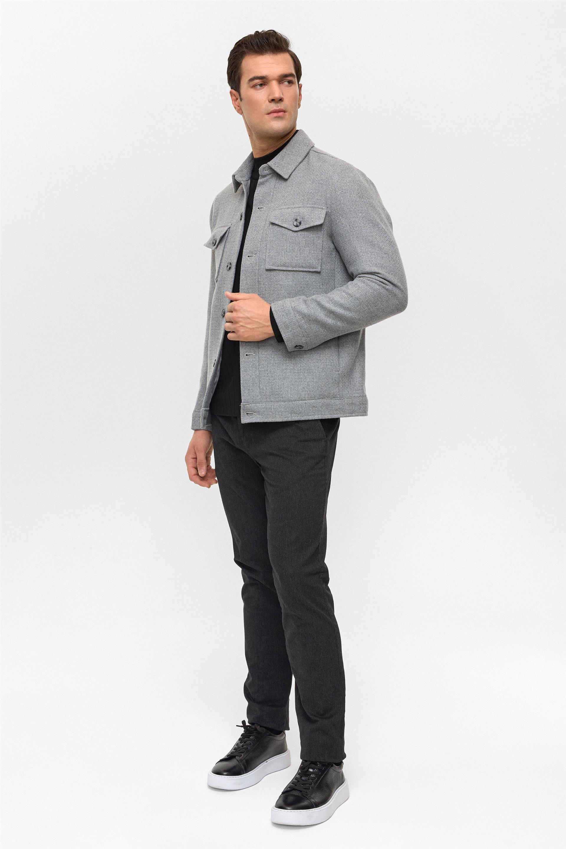 Gri Slim Desenli Klasik Yaka Mont