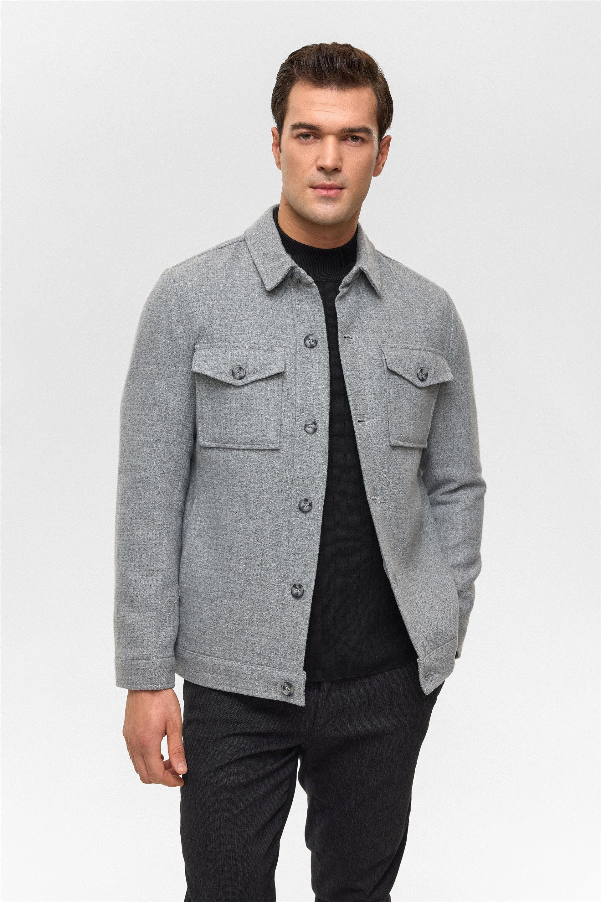 Gri Slim Desenli Klasik Yaka Mont