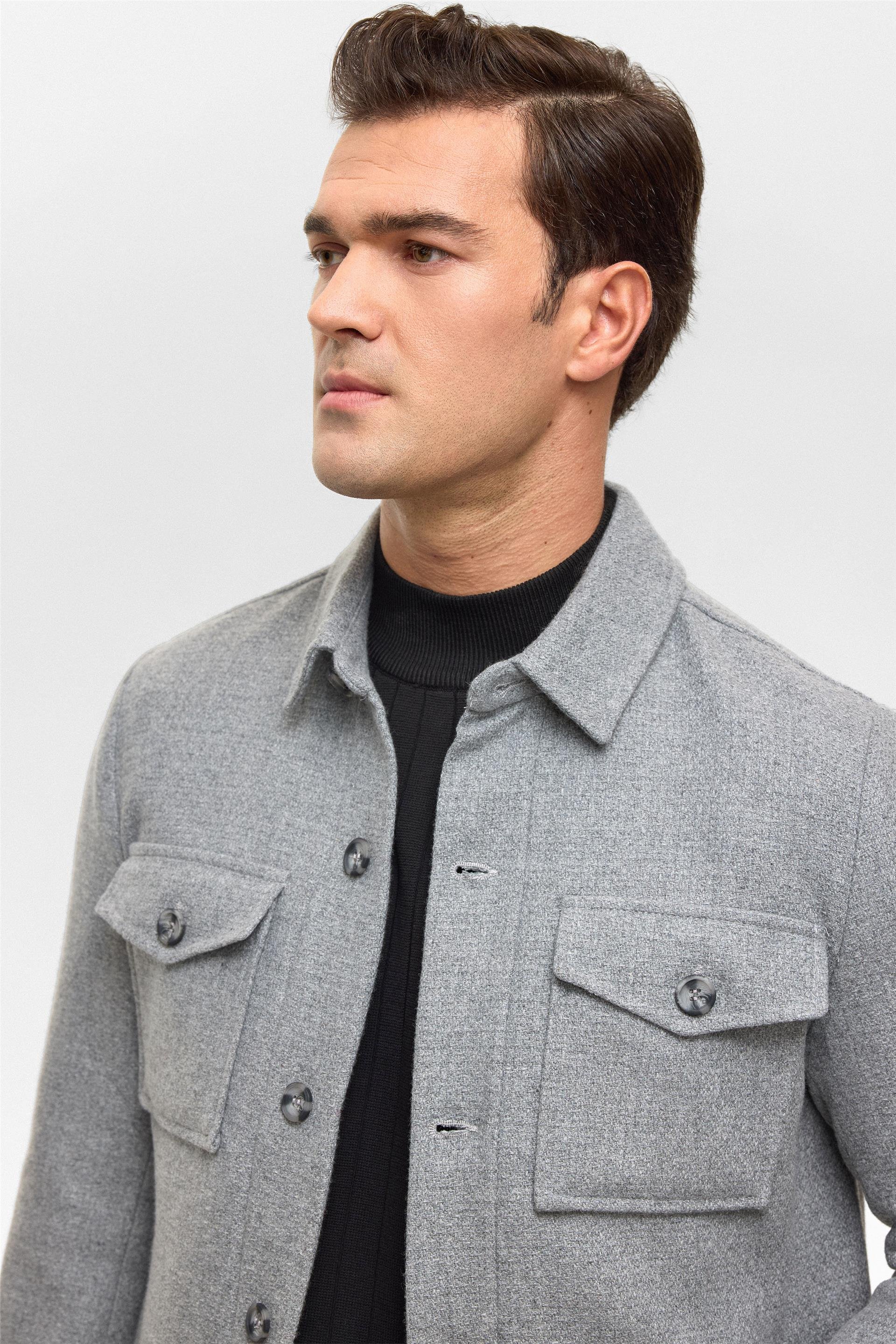 Gri Slim Desenli Klasik Yaka Mont