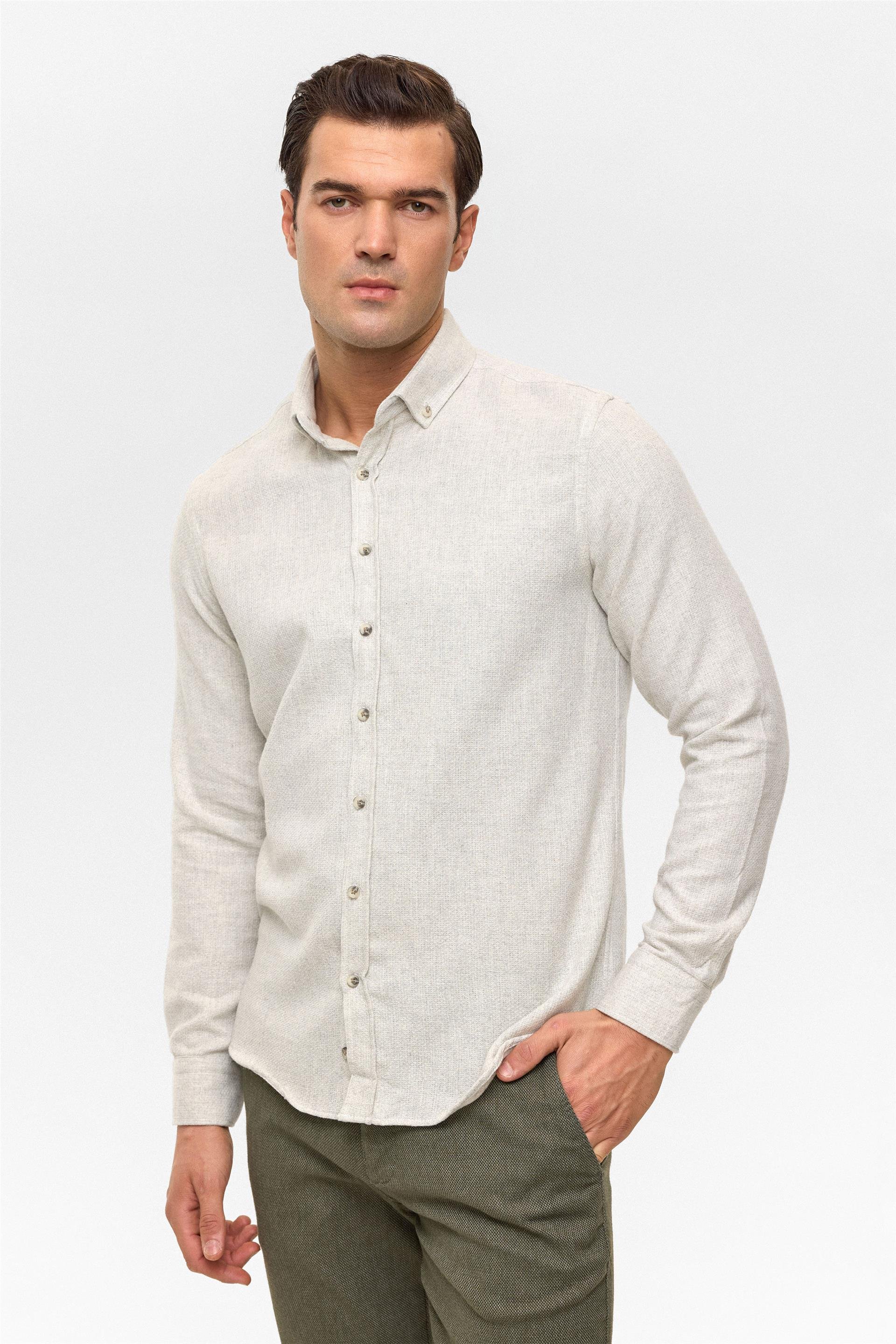 Gri Slim Düz Düğmeli Yaka Gömlek