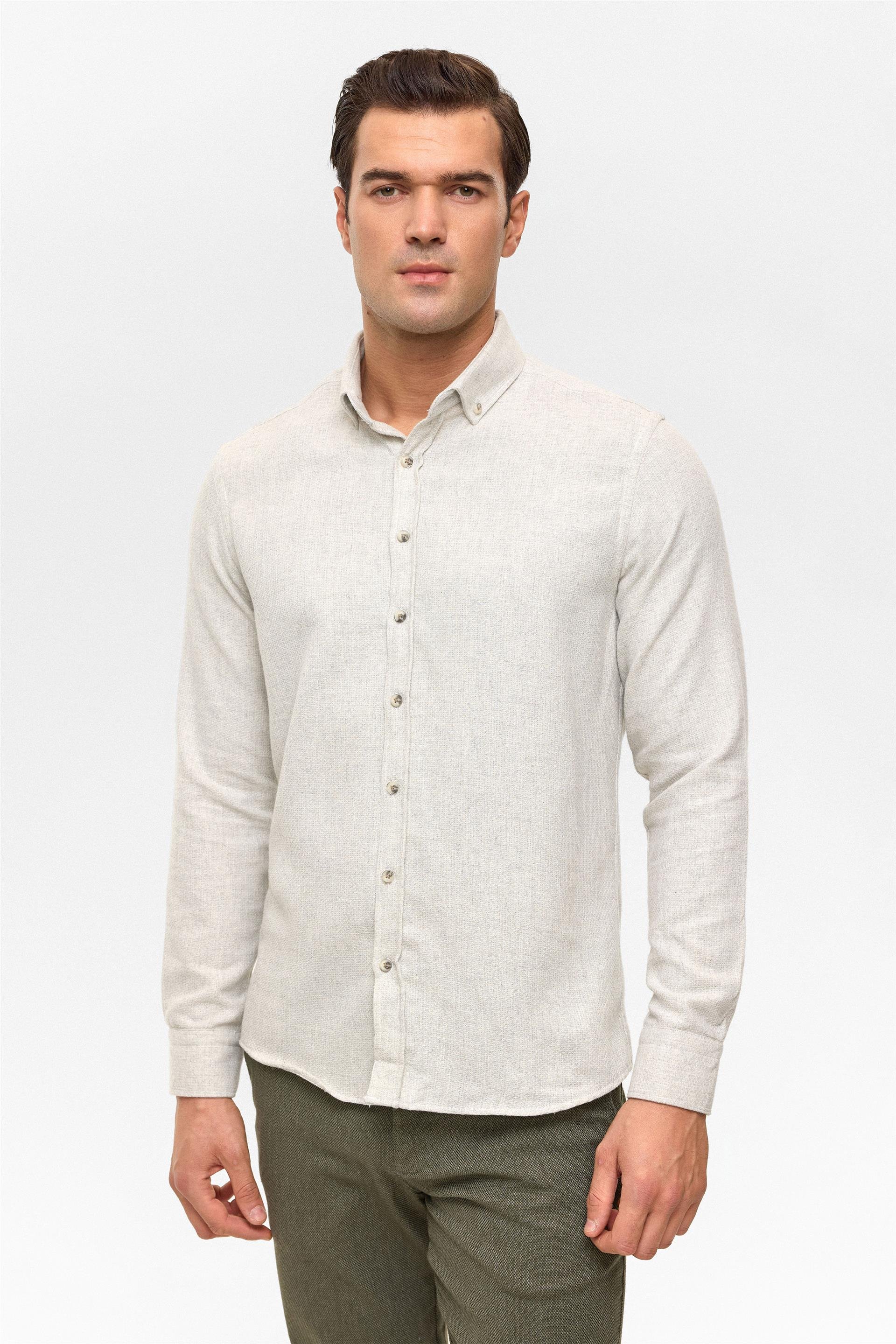 Gri Slim Düz Düğmeli Yaka Gömlek