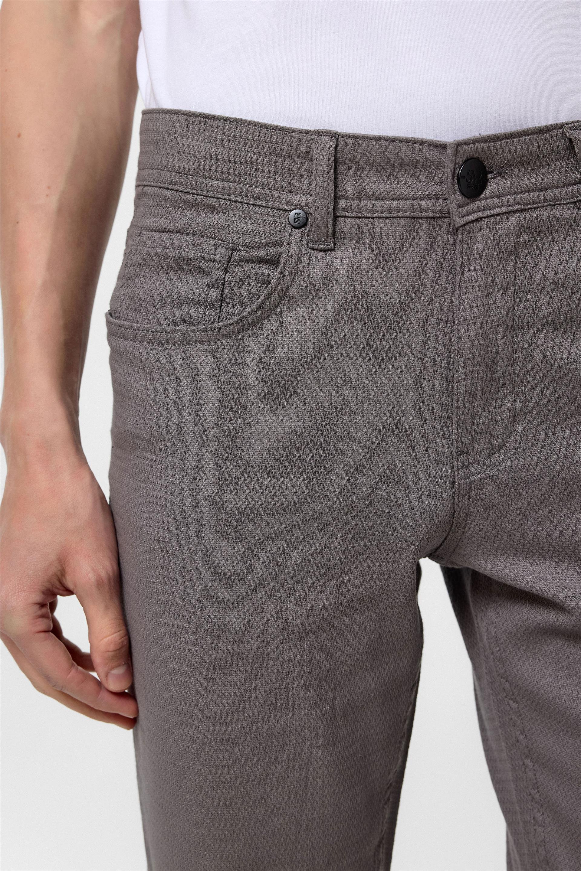 Gri Slim Fit 5 Cep Kalıp Armürlü Kanvas Pantolon