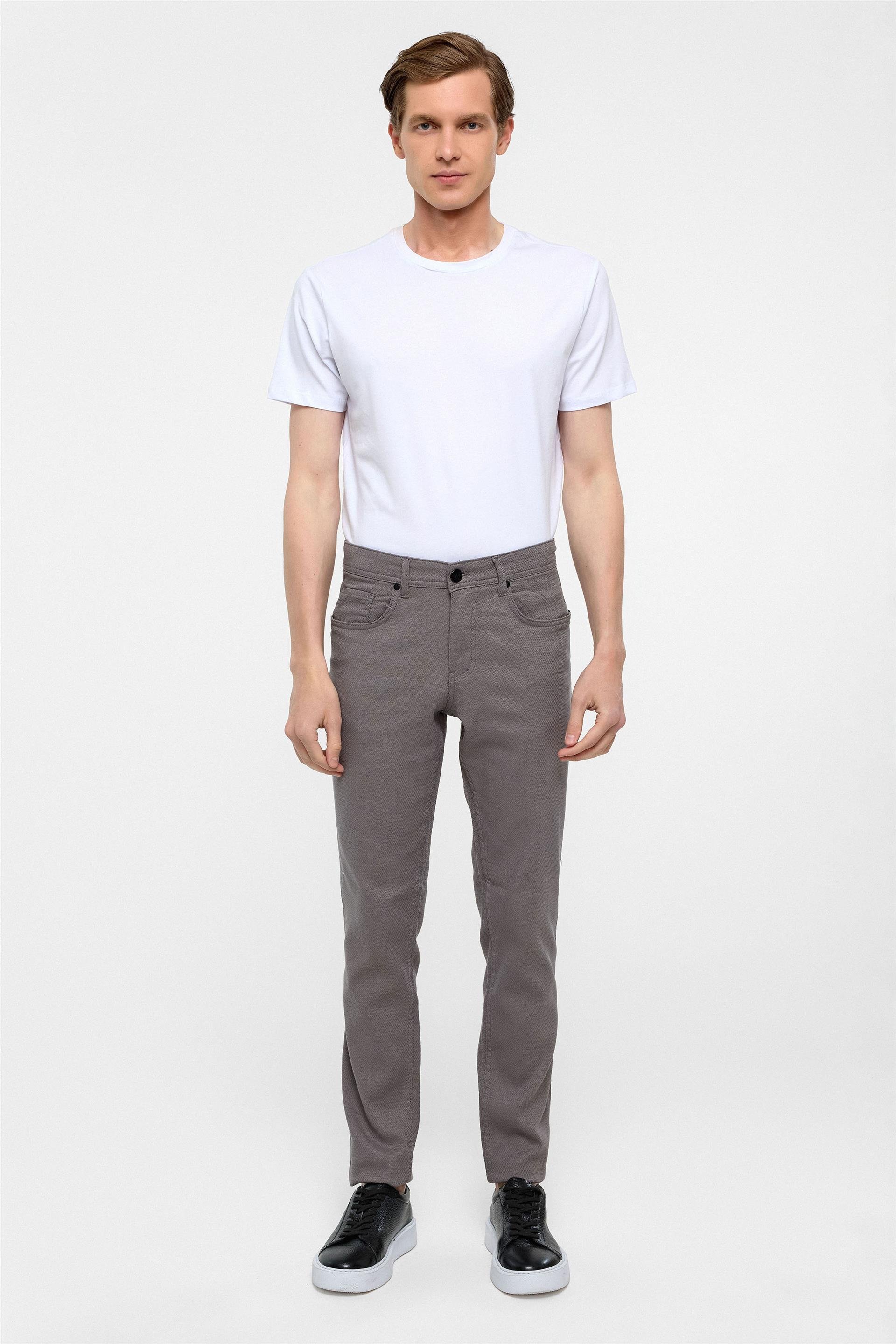 Gri Slim Fit 5 Cep Kalıp Armürlü Kanvas Pantolon