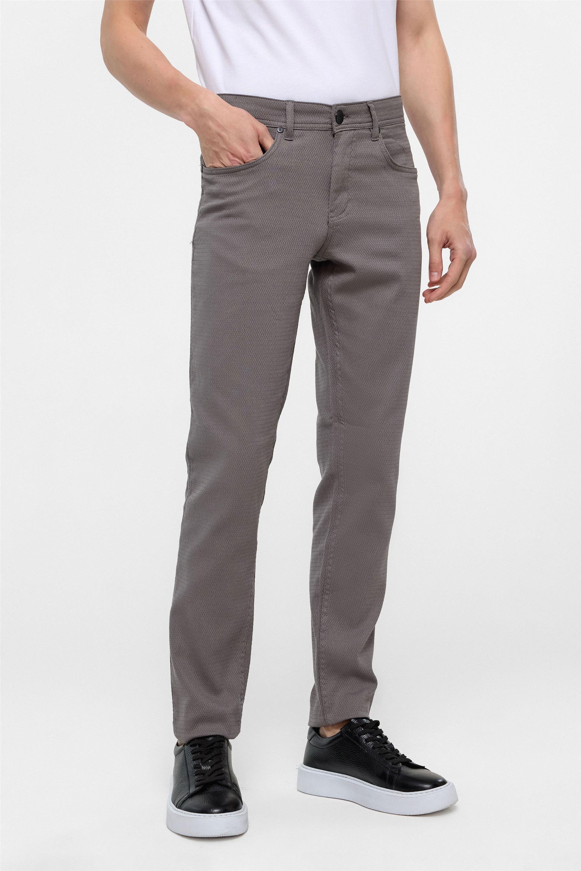 Gri Slim Fit 5 Cep Kalıp Armürlü Kanvas Pantolon